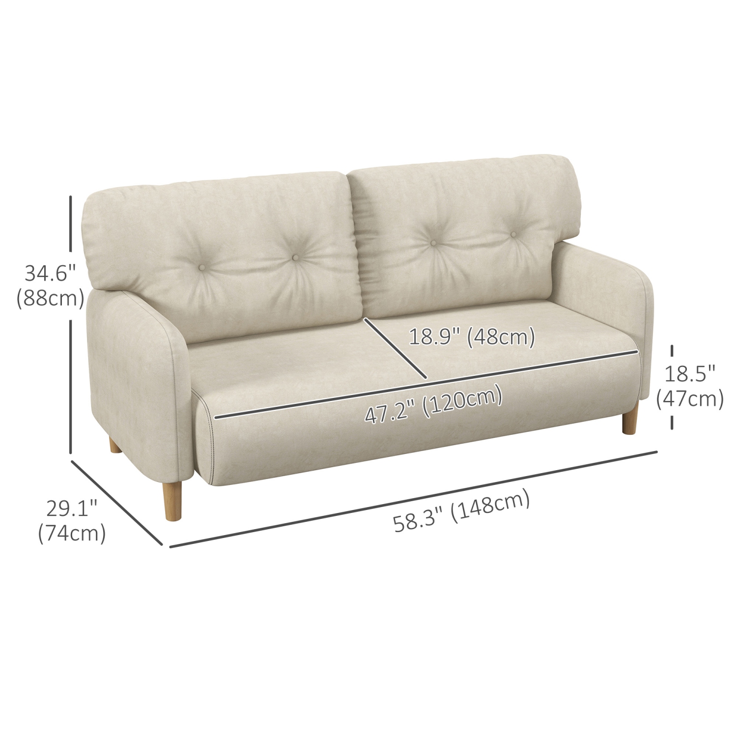 HOMCOM 58" Loveseat Sofa for Bedroom, Modern Love Seats Furniture, Upholstered 2 Seater Couch with 2 Tufted Back Cushion, Steel Frame and Beech Wood