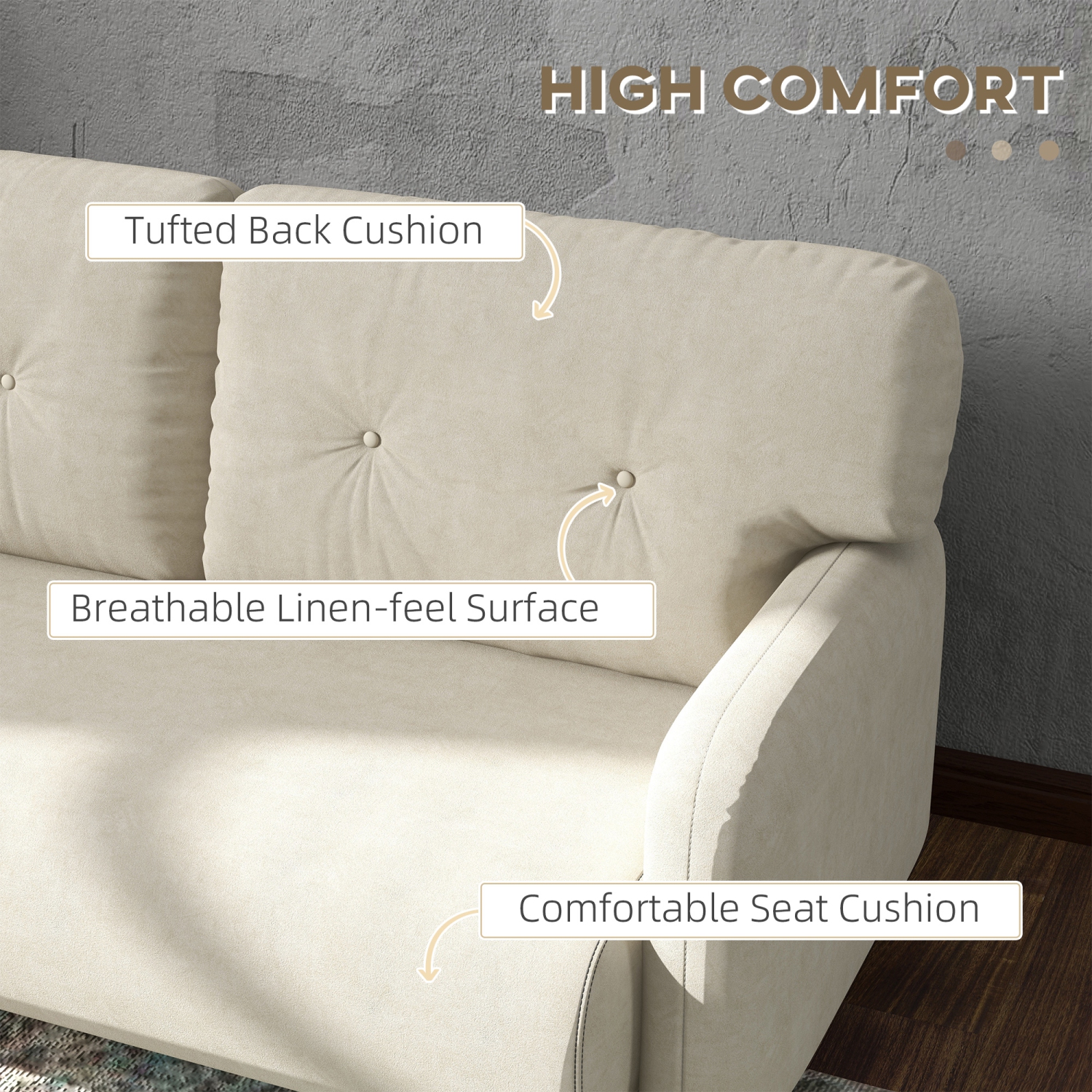 HOMCOM 58" Loveseat Sofa for Bedroom, Modern Love Seats Furniture, Upholstered 2 Seater Couch with 2 Tufted Back Cushion, Steel Frame and Beech Wood