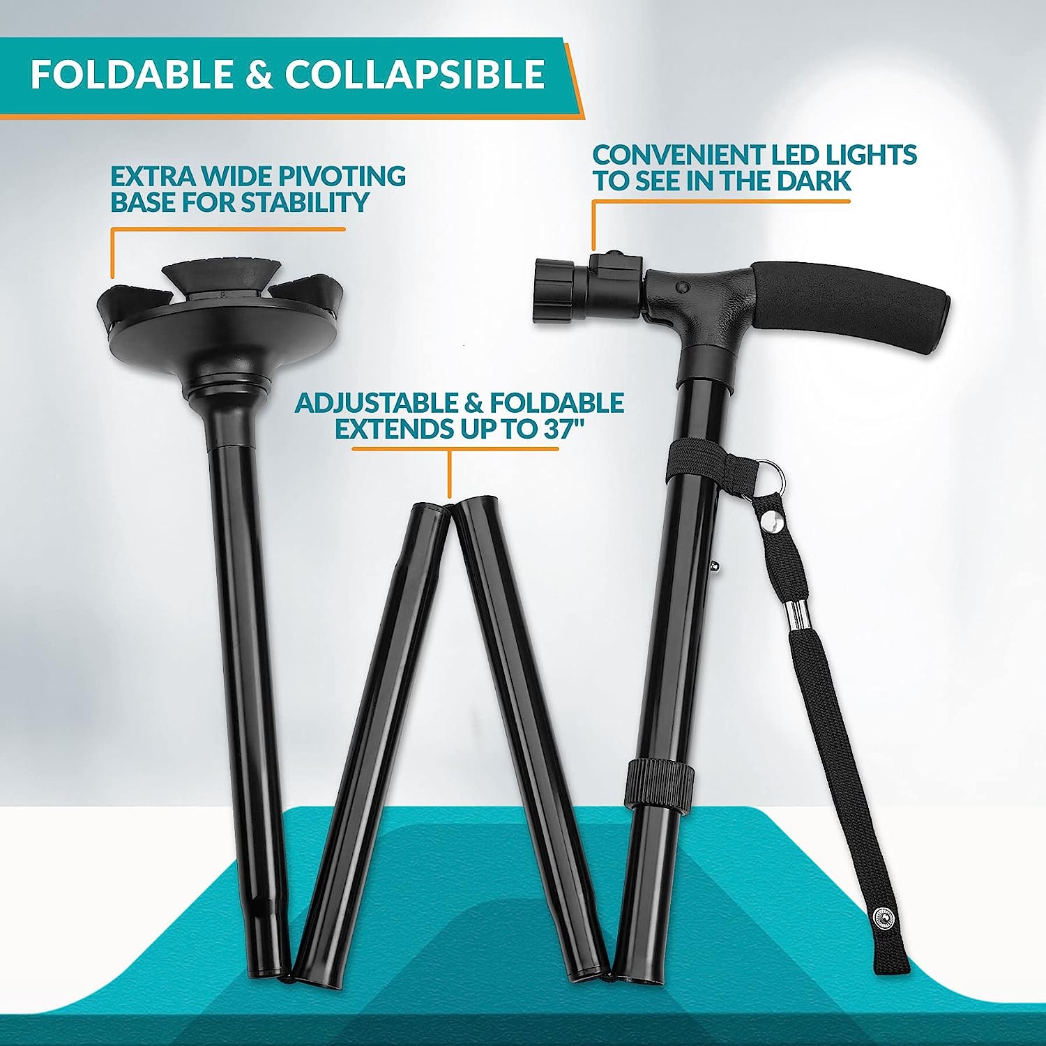 Walking Cane with Led Light - Adjustable 37 Inch Folding Canes and Walking Sticks, Collapsible Daily Mobility Canes with Rubber Feet&nbsp;for Men and