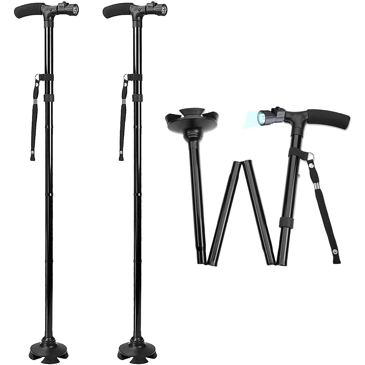 Canne de marche avec lampe à DEL - cannes et bâtons de marche pliables réglables de 37 po, cannes à mobilité quotidienne pliables avec pieds en