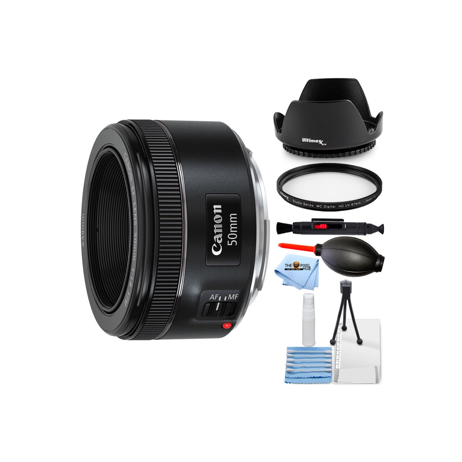 Canon EF 50mm f/1.8 STM Lens 0570C002 + UV Filter + Tulip Hood Lens Bundle