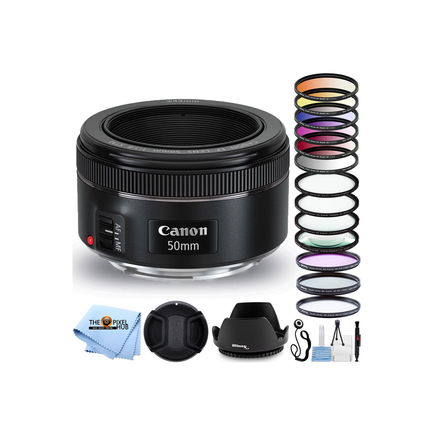 Canon EF 50mm f/1.8 STM Lens + 6PC Filter Kit + Macro/Close Up Lenses Bundle