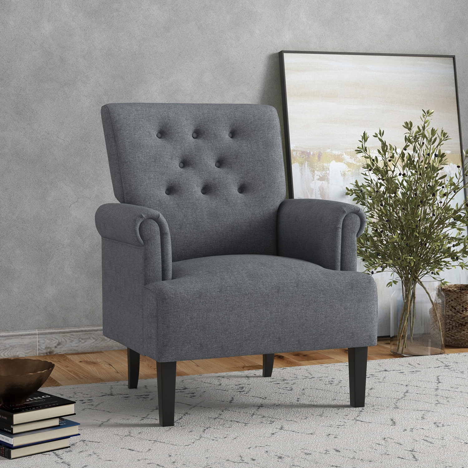 Fauteuil d'appoint en tissu HOMCOM, fauteuil capitonné, fauteuil de salon moderne rembourré avec pattes en bois, accoudoirs arrondis, rembourrage