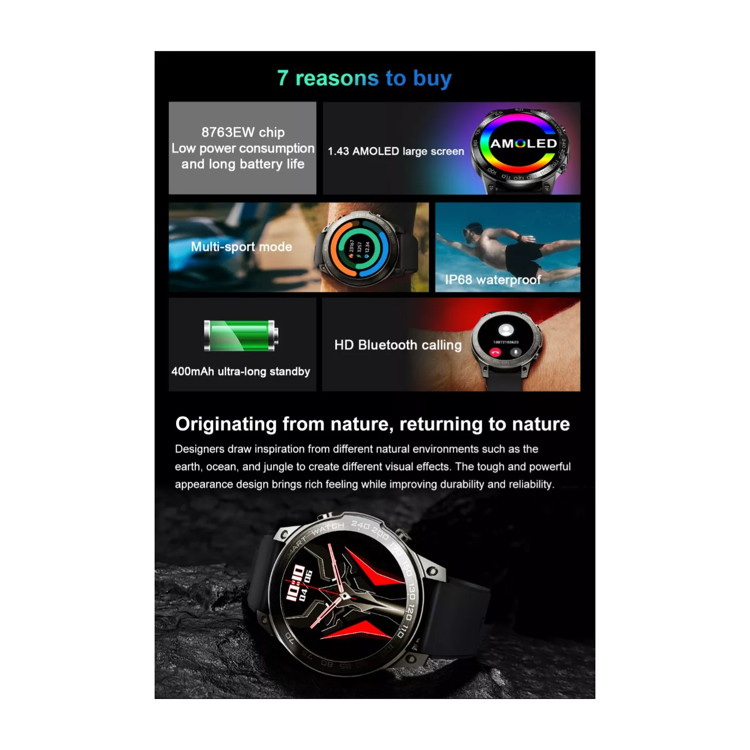 ISPEKTRUM iS50 Smart Watch 1.43" HD AMOELD Screen Bluetooth Calls & Text Waterproof Multiple Sports & Fitness Tracker Heart Rate & BP Monitor works