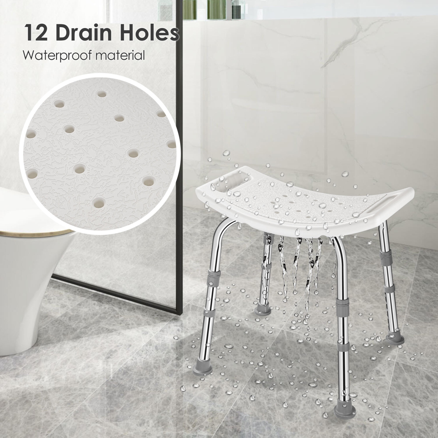 Adjustable Shower Chair with Non-Slip Seat and Feet, Bath Chair Bathtub Stool Seat with Aluminum Legs, Support to 220.5lbs