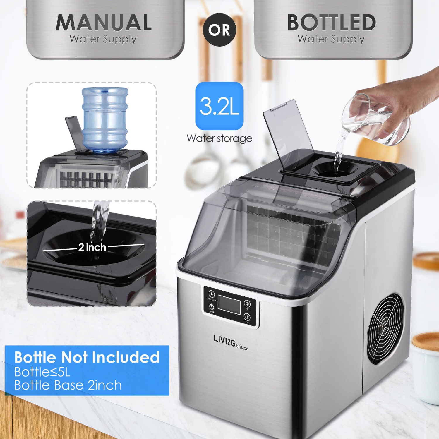 3.2L Countertop Ice Maker, 40LBS/24H Protable Stainless Steel Ice Machine, Adjustable Ice Cube Thickness and Self-Cleaning Function