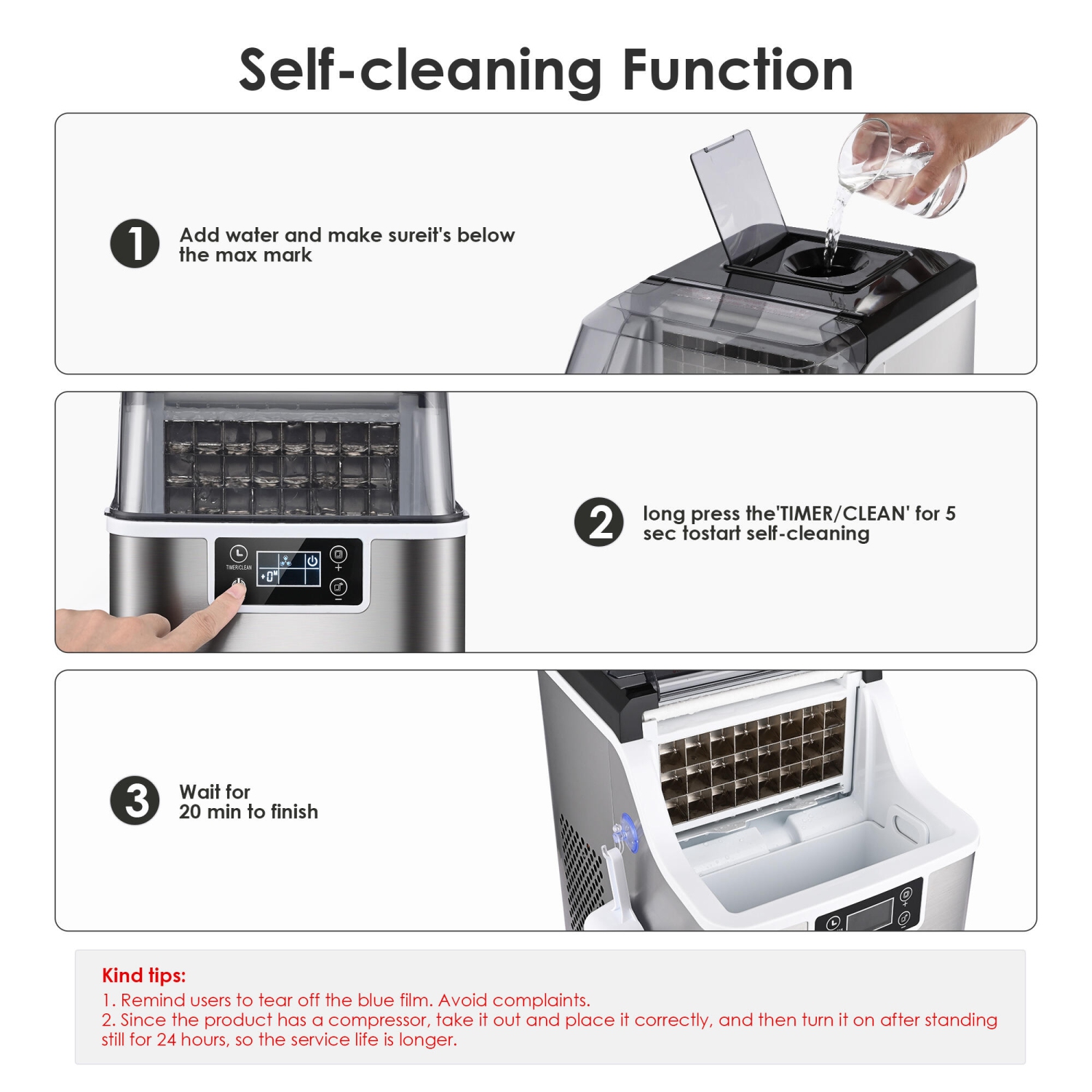 3.2L Countertop Ice Maker, 40LBS/24H Protable Stainless Steel Ice Machine, Adjustable Ice Cube Thickness and Self-Cleaning Function