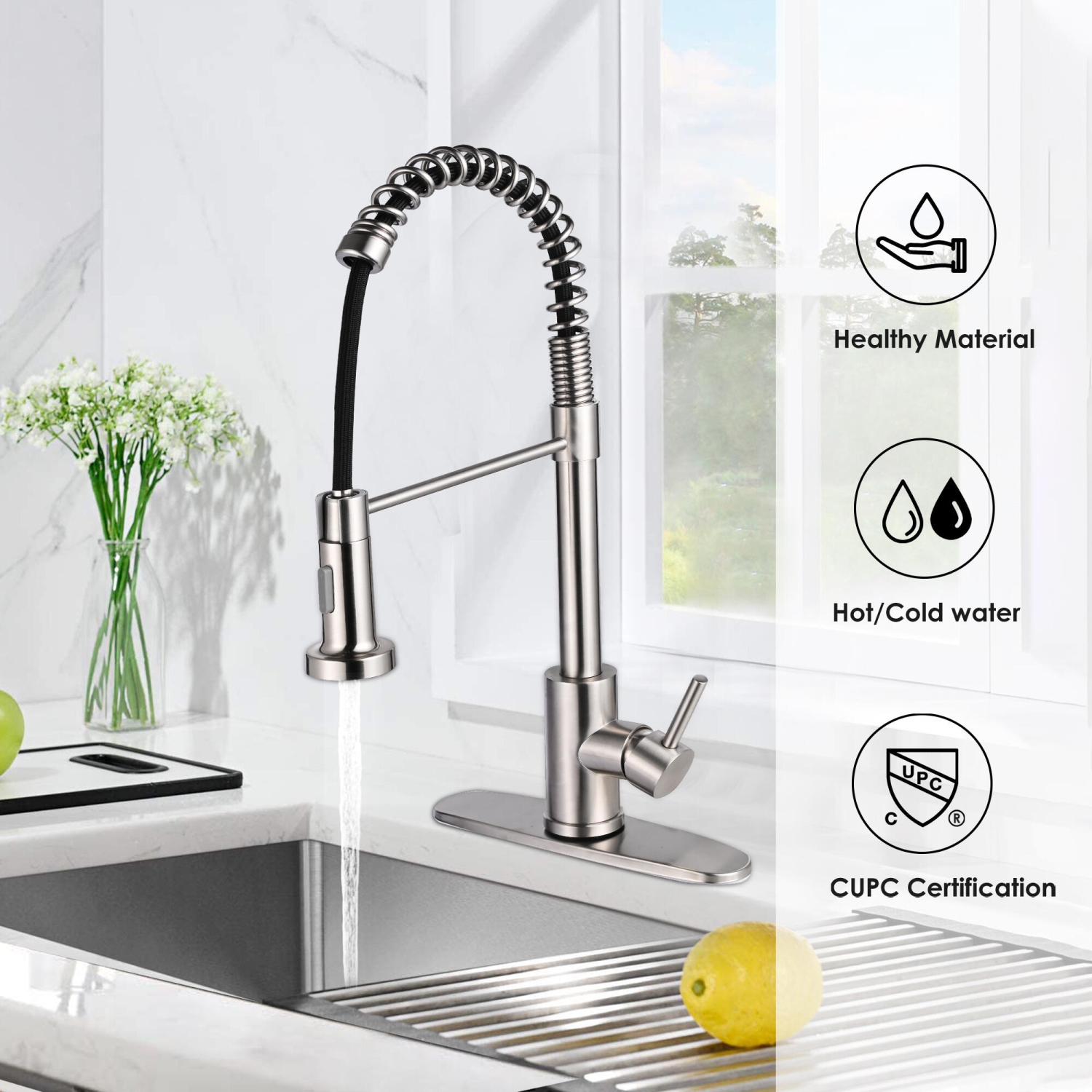 304 Stainless Steel Single-Handle Pull-Down Spring Sprayer Kitchen Sink Faucet, 360 Degree Rotation - LIVINGbasics®
