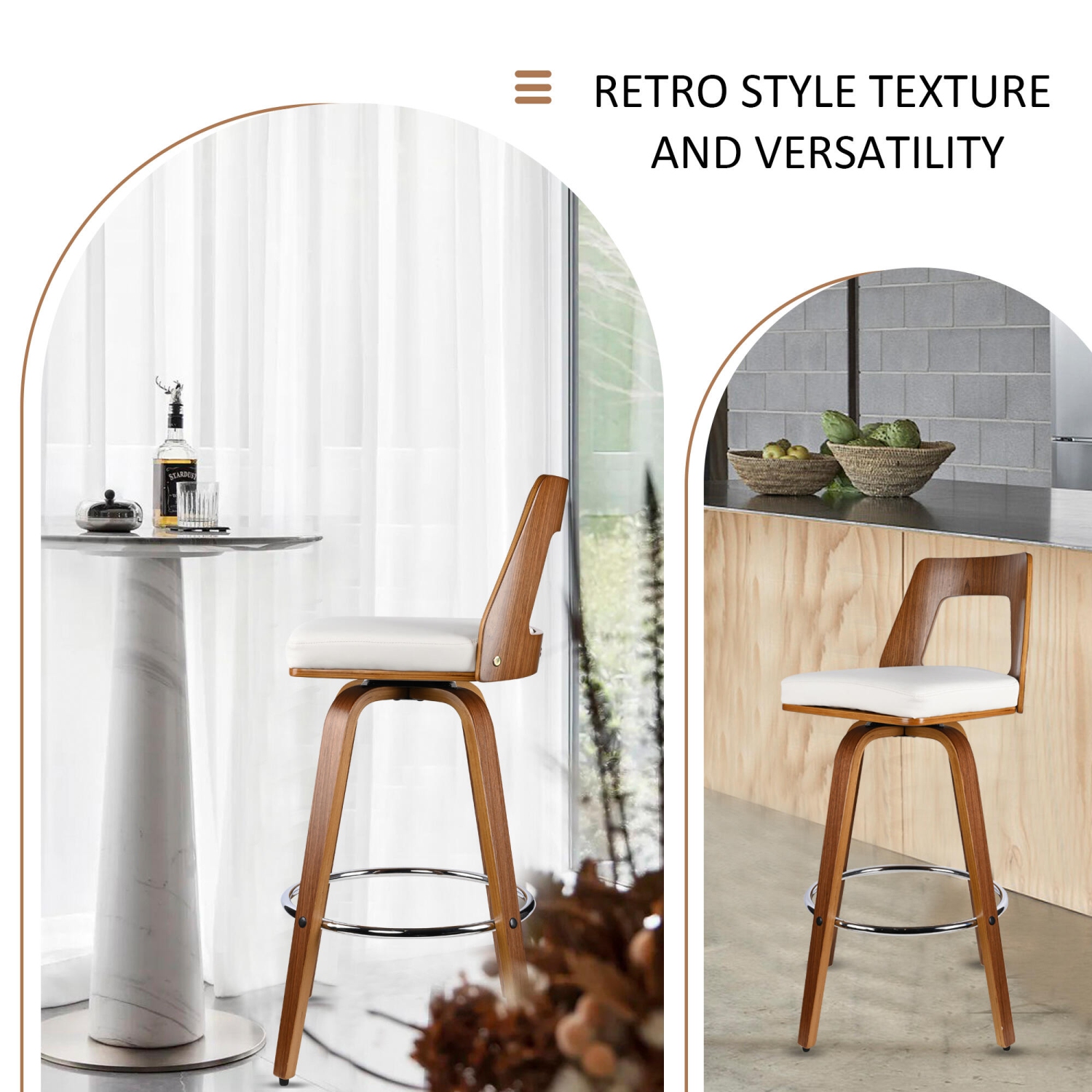 Ensemble de 2 tabourets de bar en bois rétro avec dossier et repose-pieds , tabourets de bar pivotants 360° pour salle à manger pour bar de cuisine