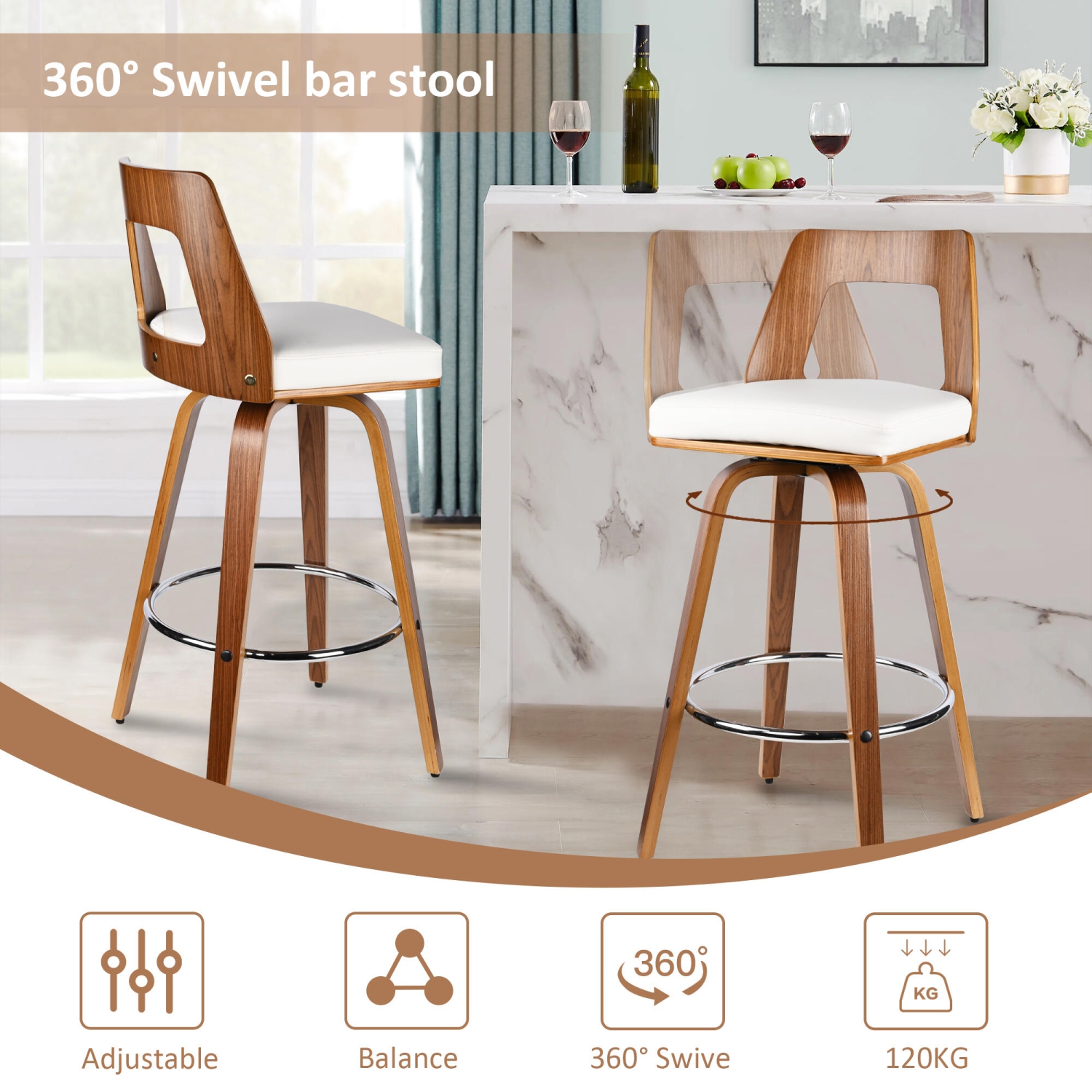 Ensemble de 2 tabourets de bar en bois rétro avec dossier et repose-pieds , tabourets de bar pivotants 360° pour salle à manger pour bar de cuisine