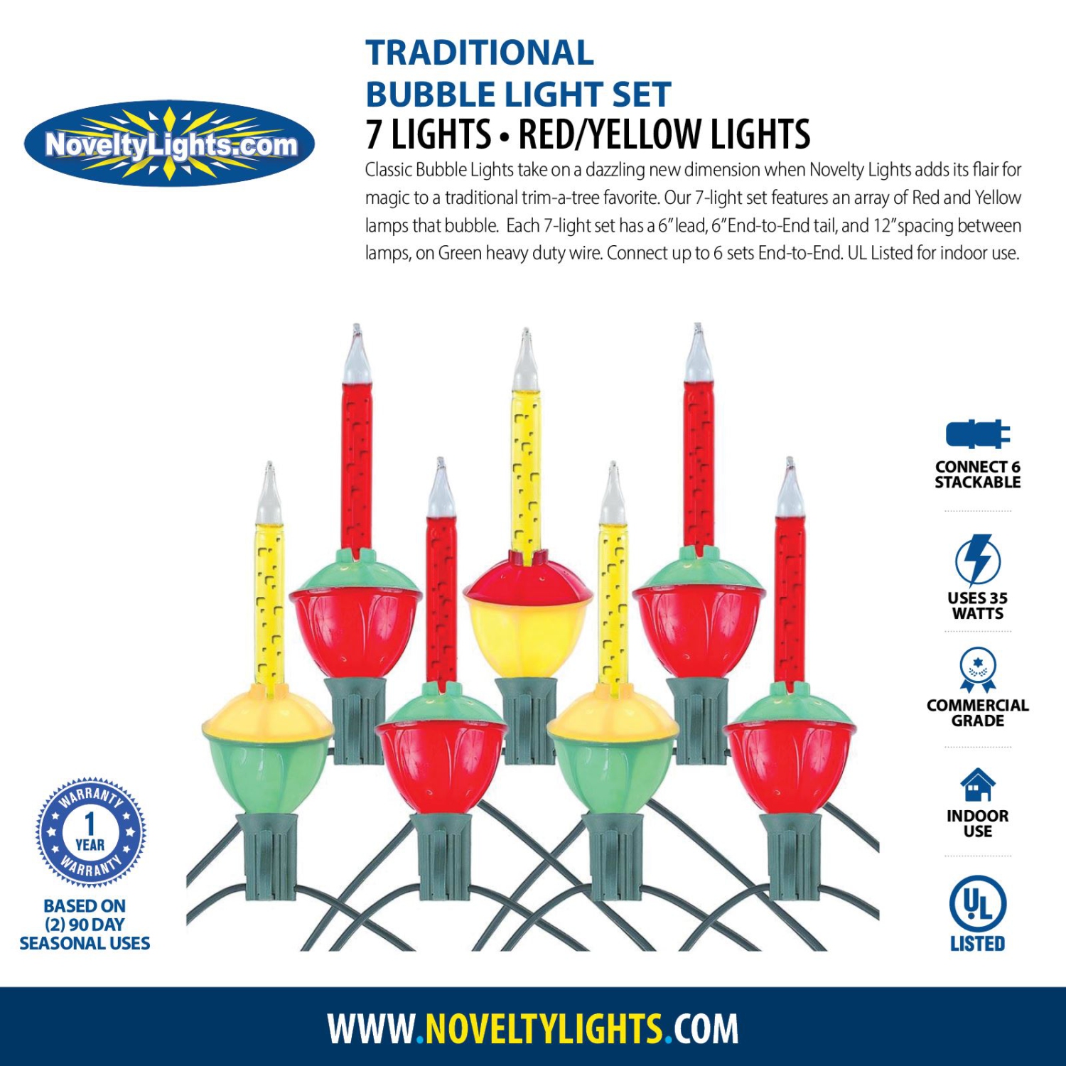 Jeu de lumières à bulles traditionnelles de fantaisie, 6 pi 7 ampoules liquide rouge/jaune avec bases multicolores, 5 W E12/C7 pour arbres de Noël