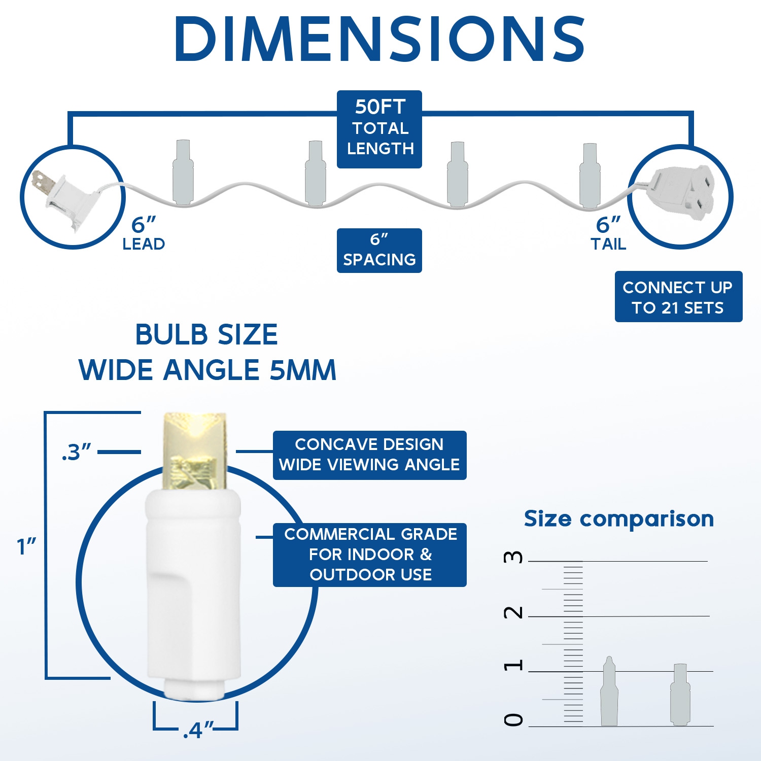 Novelty Lights 50ft Christmas String Lights, 100 LED Bulbs on White Wire, 6" Spacing, Connectable Indoor Outdoor Commercial Grade Lighting for