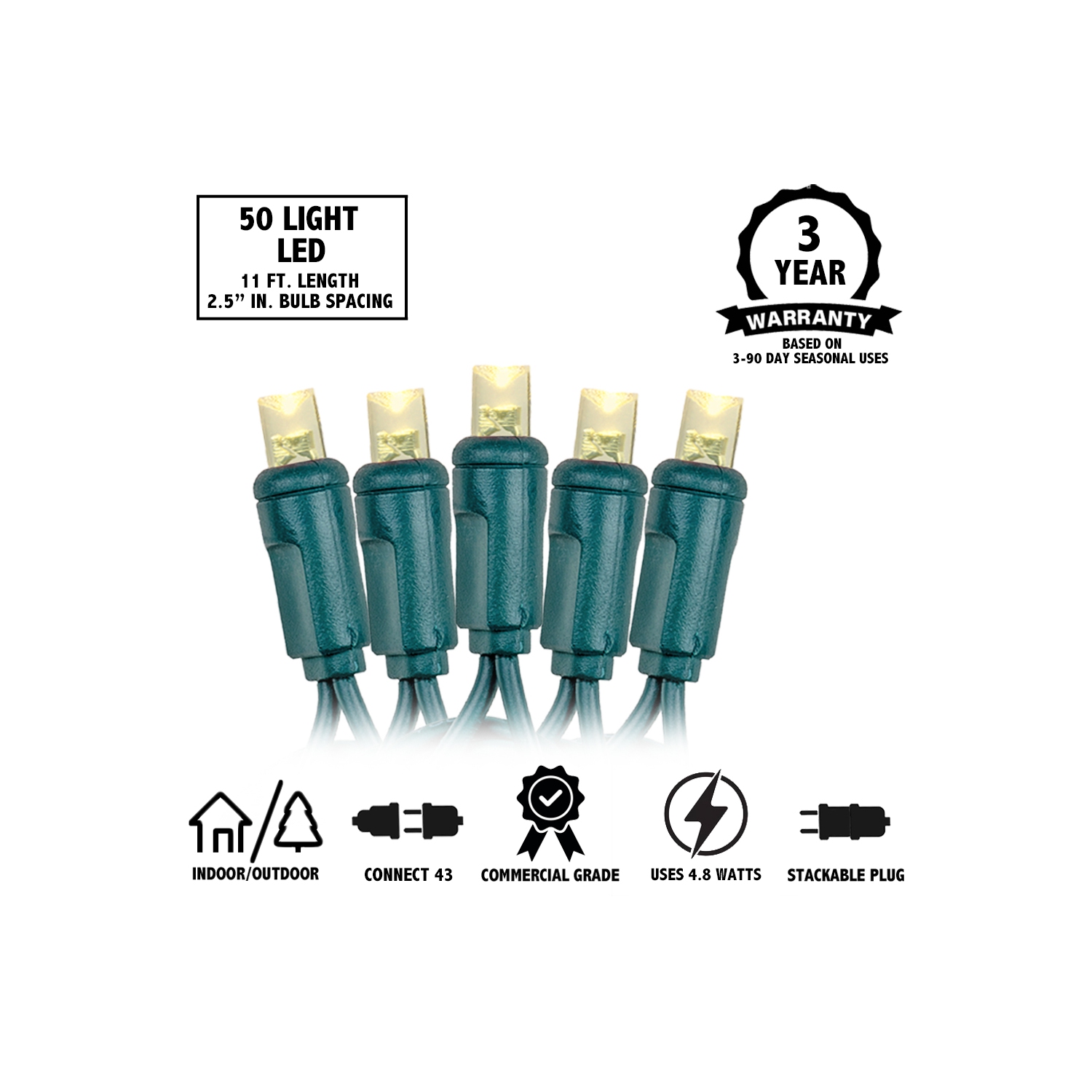 Jeu de mini lumières de Noël LED de 11 pi 50 sur fil vert, ampoules grand-angle 5&nbsp;mm, connectables, décoration intérieure/extérieure, homologuée