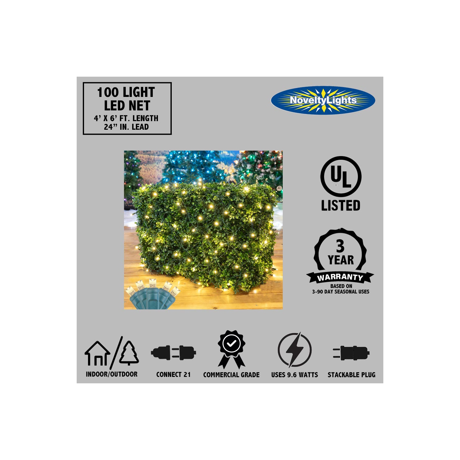 Novelty Lights 4x6 Net Lights, 100 LEDs with 4 Inch Spacing, 5mm Wide Angle Bulbs, Connectable End To End, Outdoor Weather Resistant Tree and Bush