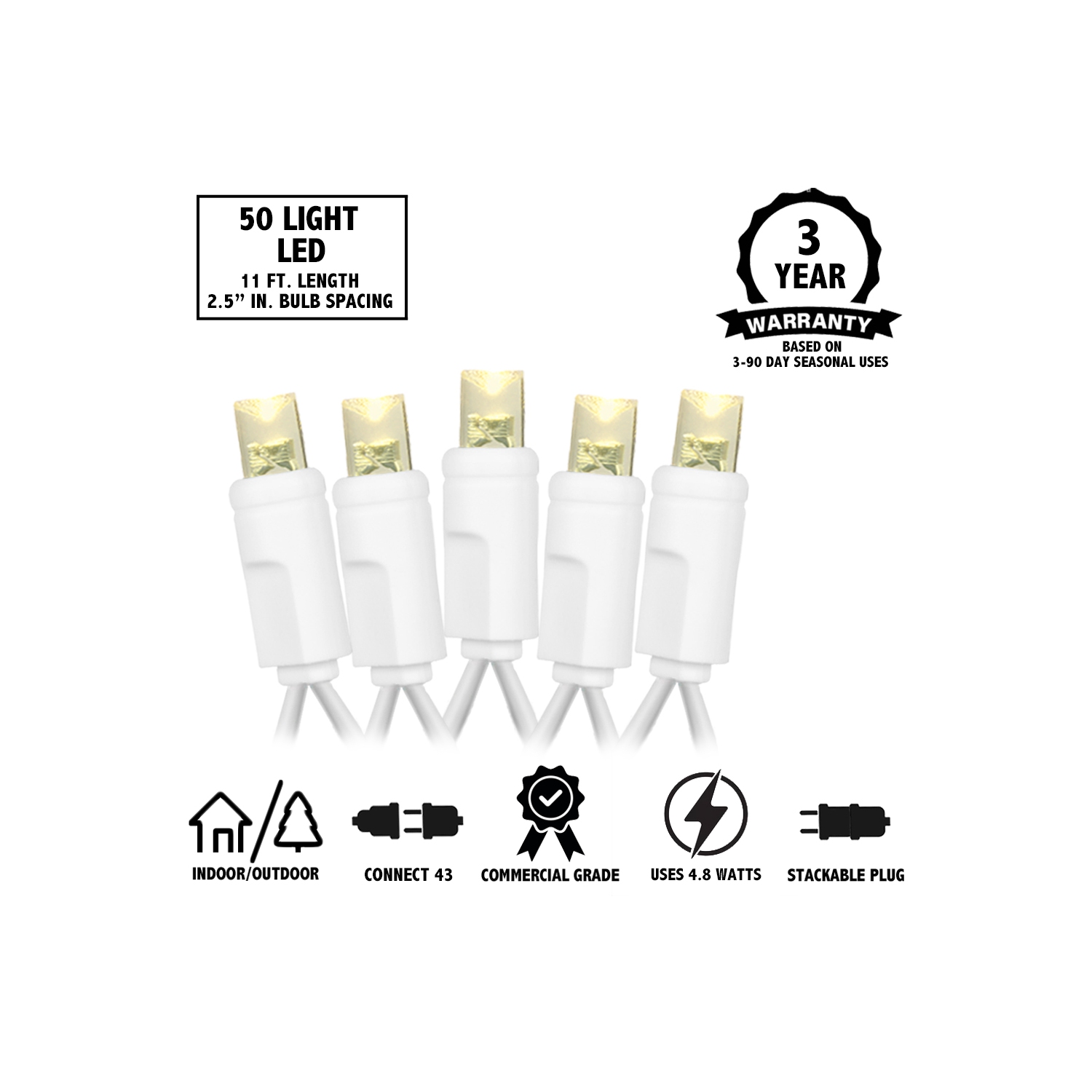 Novelty Lights 11ft Christmas String Lights, 50 LED Bulbs on White Wire, 2.5" Spacing, Connectable Indoor Outdoor Commercial Grade Lighting for