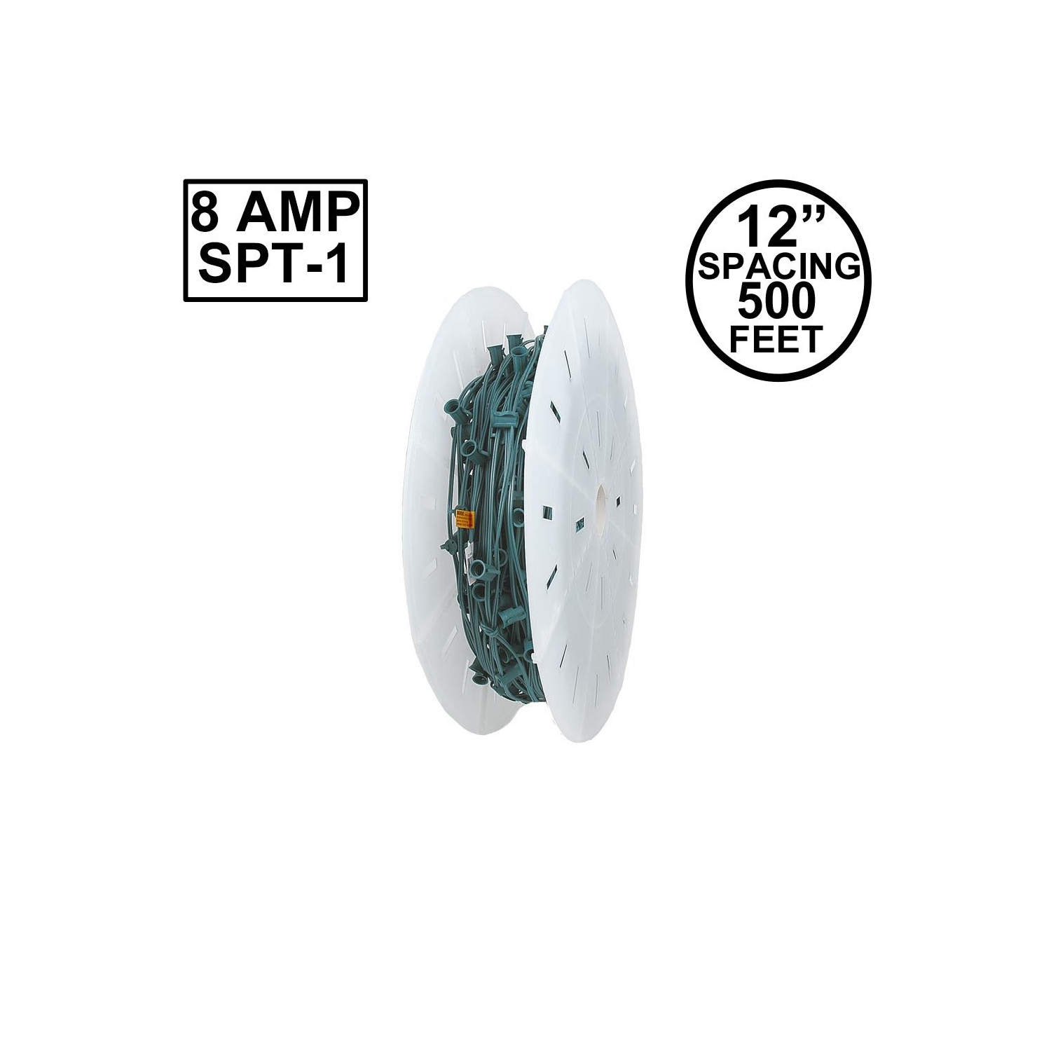 Novelty Lights 500 Feet C9/E17 Socketed Light Spool, Green Wire Bulk Reel, 8 Amp SPT-1 Wire, Commercial Grade, Indoor/Outdoor All Weather, For