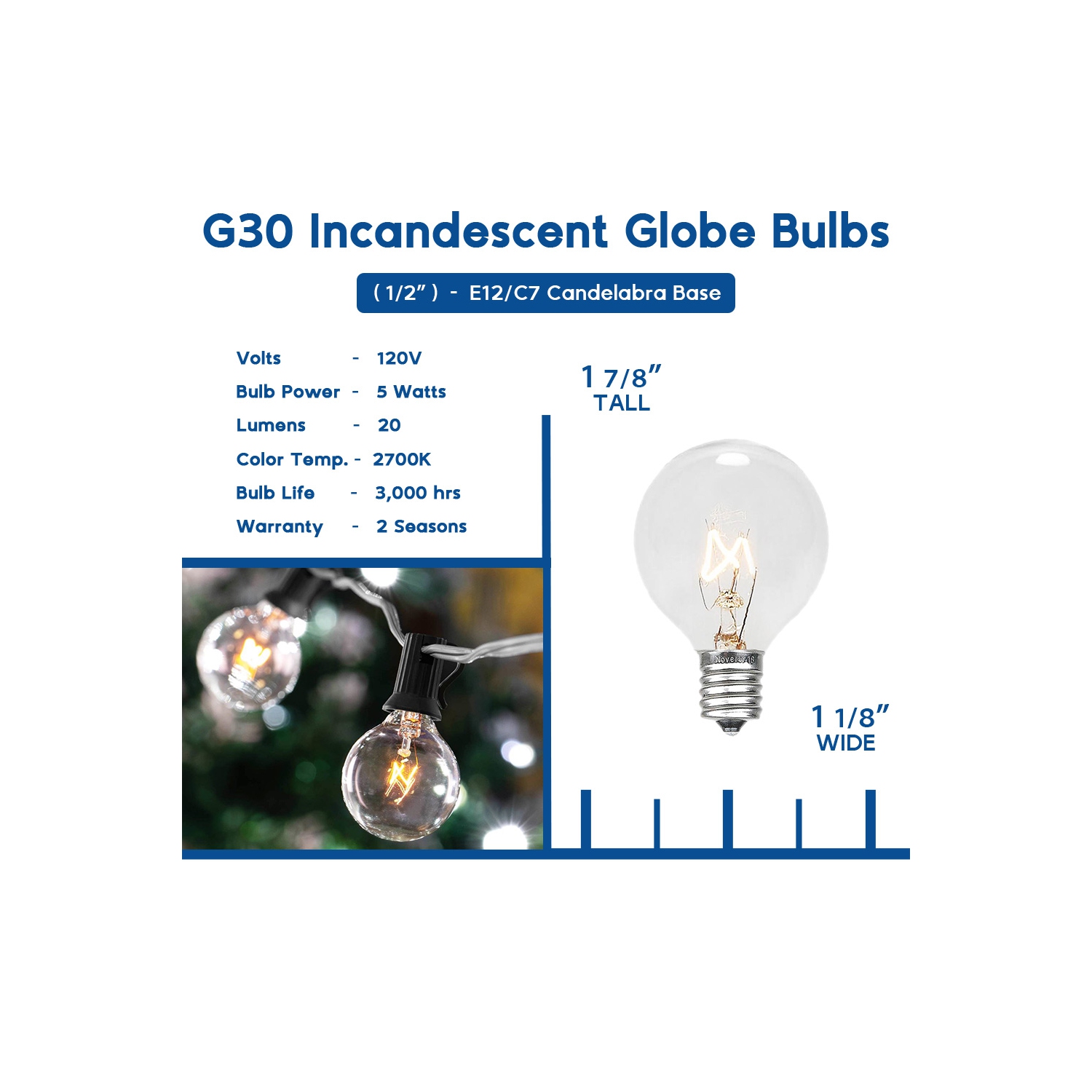 Novelty Lights 25 Pack G30 Outdoor Globe Replacement Bulbs, C7/E12 Candelabra Base, 5 Watt