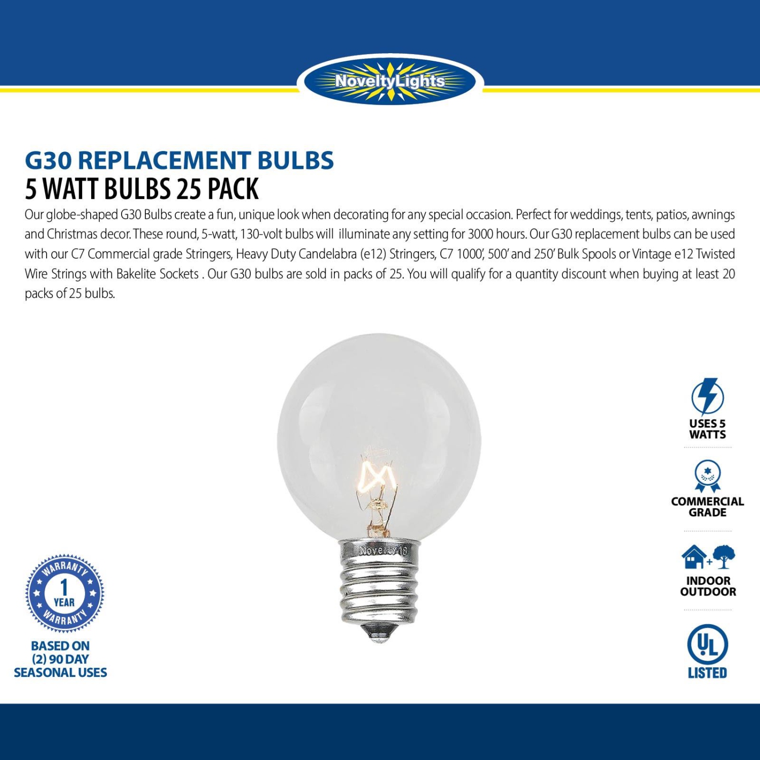 Novelty Lights 25 Pack G30 Outdoor Globe Replacement Bulbs, C7/E12 Candelabra Base, 5 Watt