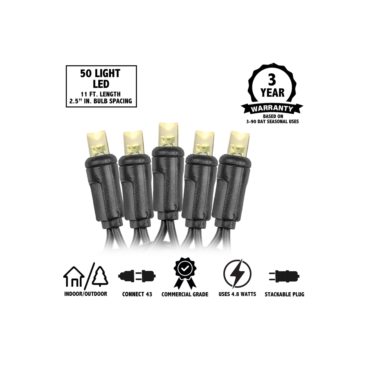 Novelty Lights 11ft Christmas String Lights, 50 LED Bulbs on Black Wire, 2.5" Spacing, Connectable Indoor Outdoor Commercial Grade Lighting for