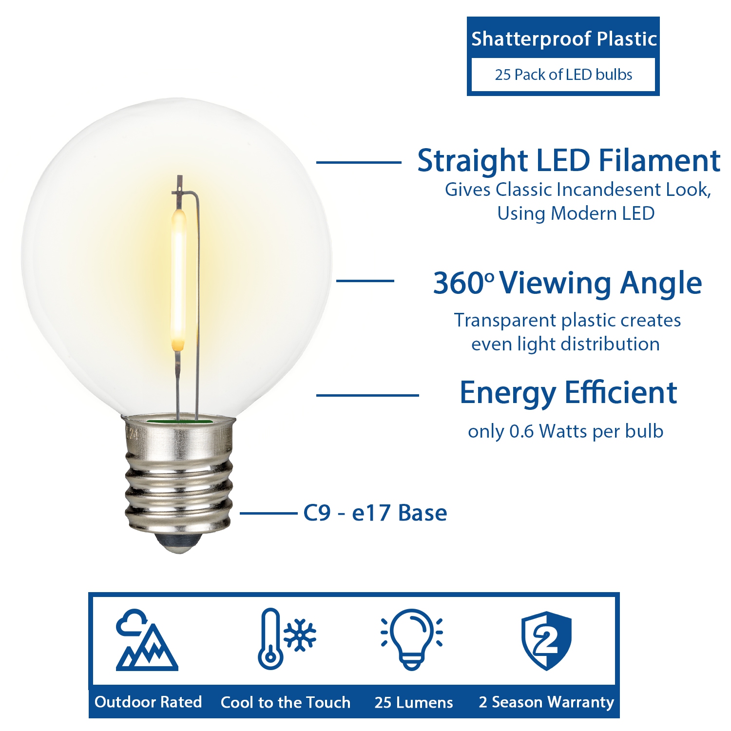 Novelty Lights G50 LED Patio String Light Sets, Warm White, Weather Resistant and Shatterproof Replaceable Plastic Globe Bulbs