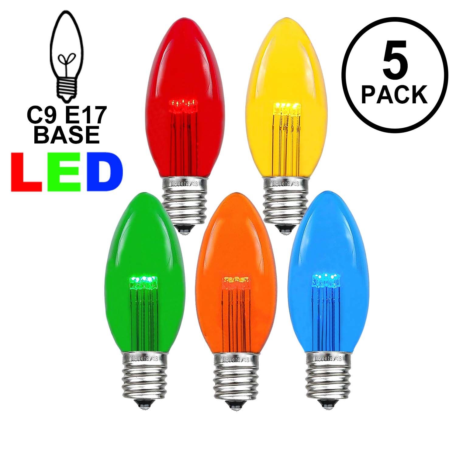 Novelty Lights 5 Pack C9 LED Outdoor String Light Patio Christmas Replacement Bulbs, C9/E17 Base, .75 Watt