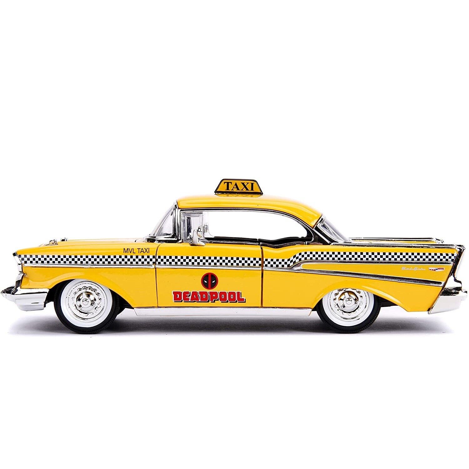 1957 Chevy Bel Air Taxi with Deadpool Diecast Figure, Deadpool - Jada 30290 - 1/24 scale Diecast Model Toy Car