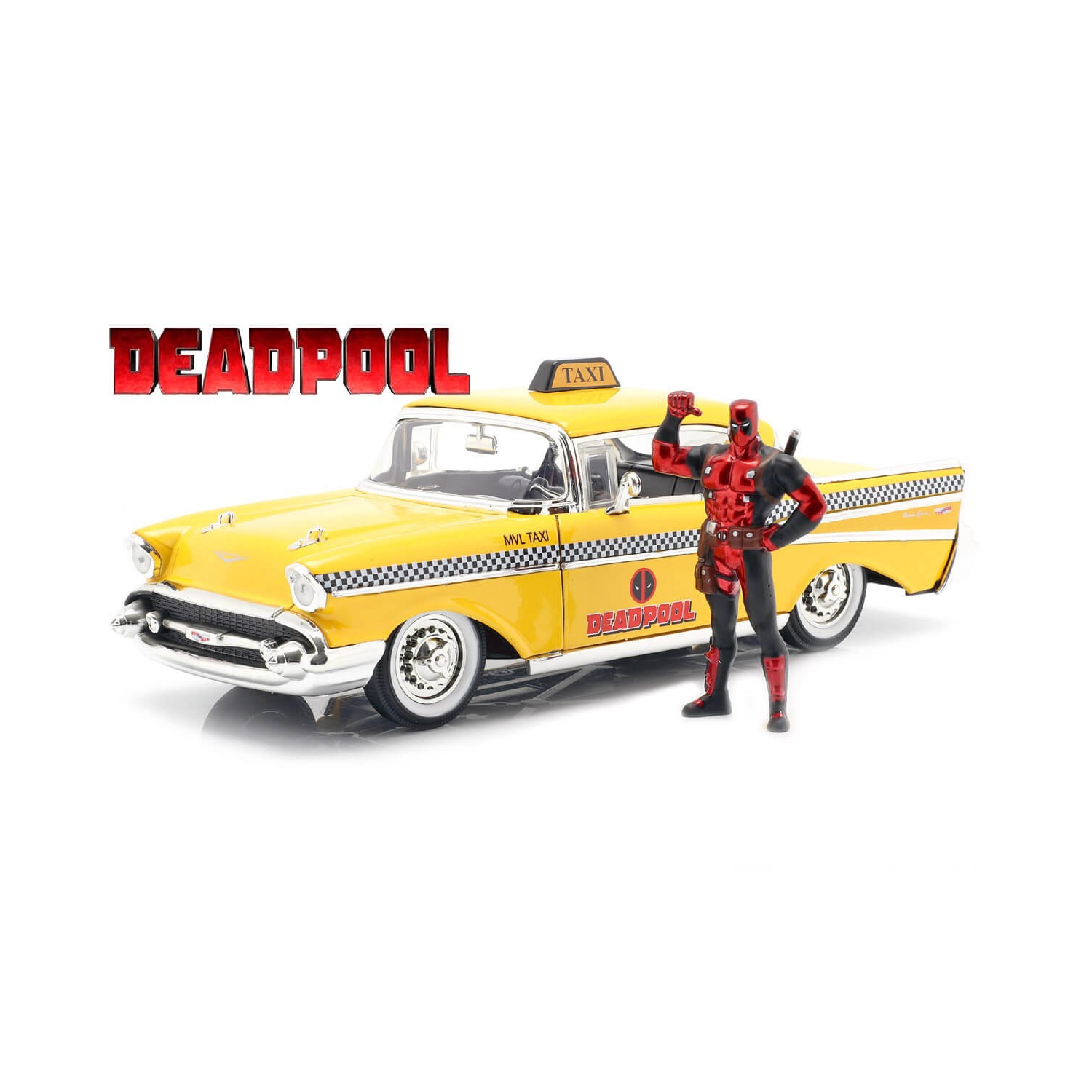 1957 Chevy Bel Air Taxi with Deadpool Diecast Figure, Deadpool - Jada 30290 - 1/24 scale Diecast Model Toy Car