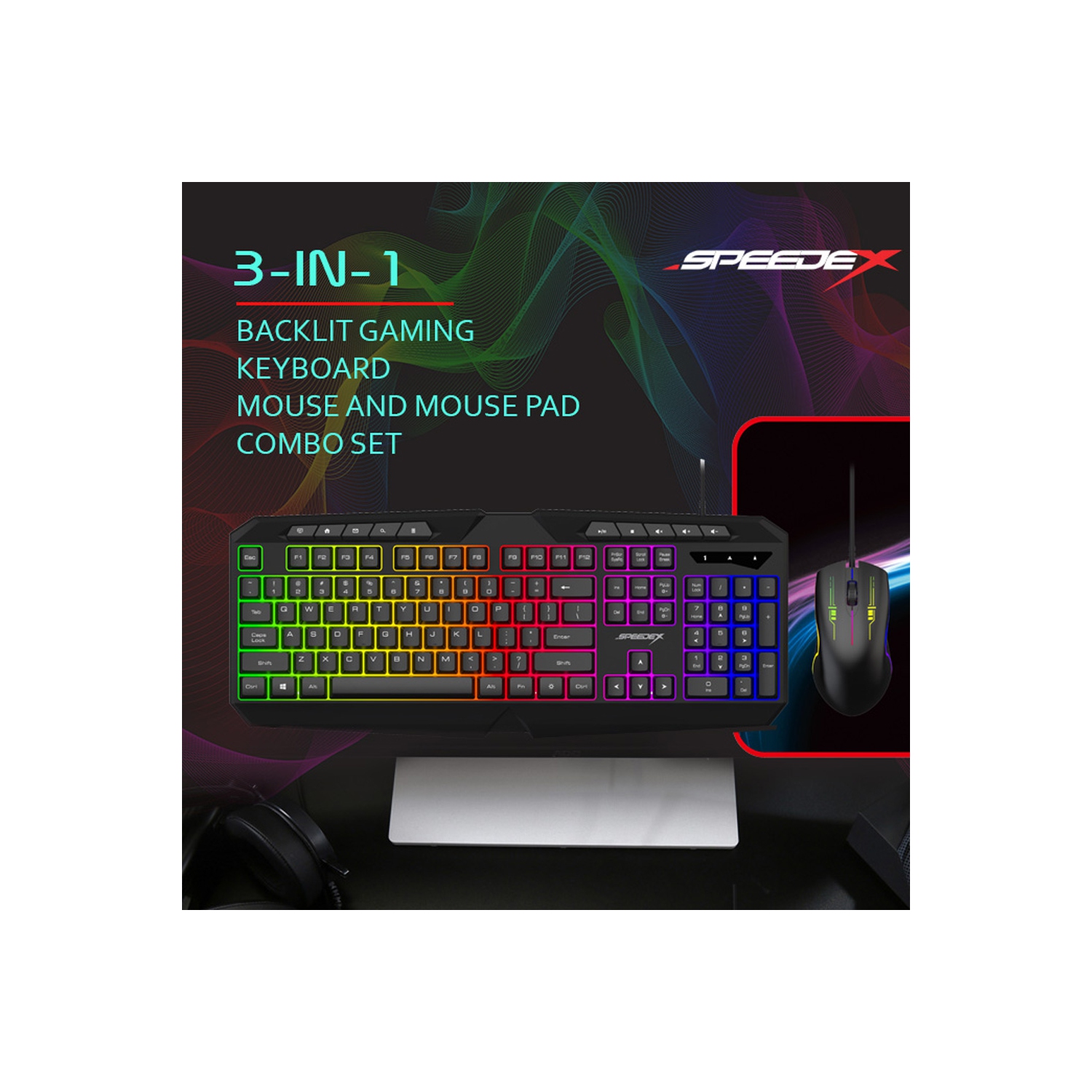 Speedex 3-in-1 Multimedia rainbow backlight USB wired keyboard with Mouse and mouse Pad combo set