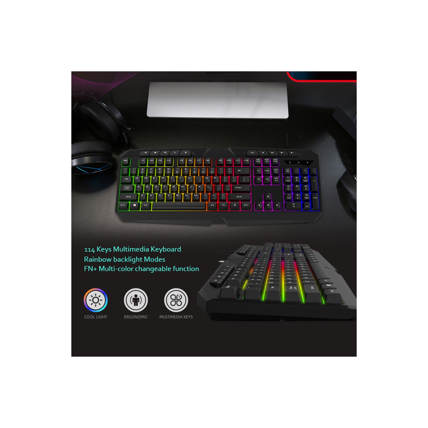 Speedex 3-in-1 Multimedia rainbow backlight USB wired keyboard with Mouse and mouse Pad combo set
