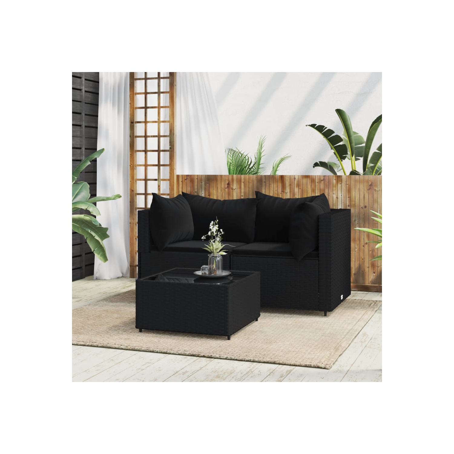 vidaXL 3 Piece Garden Lounge Set with Cushions Black Poly Rattan