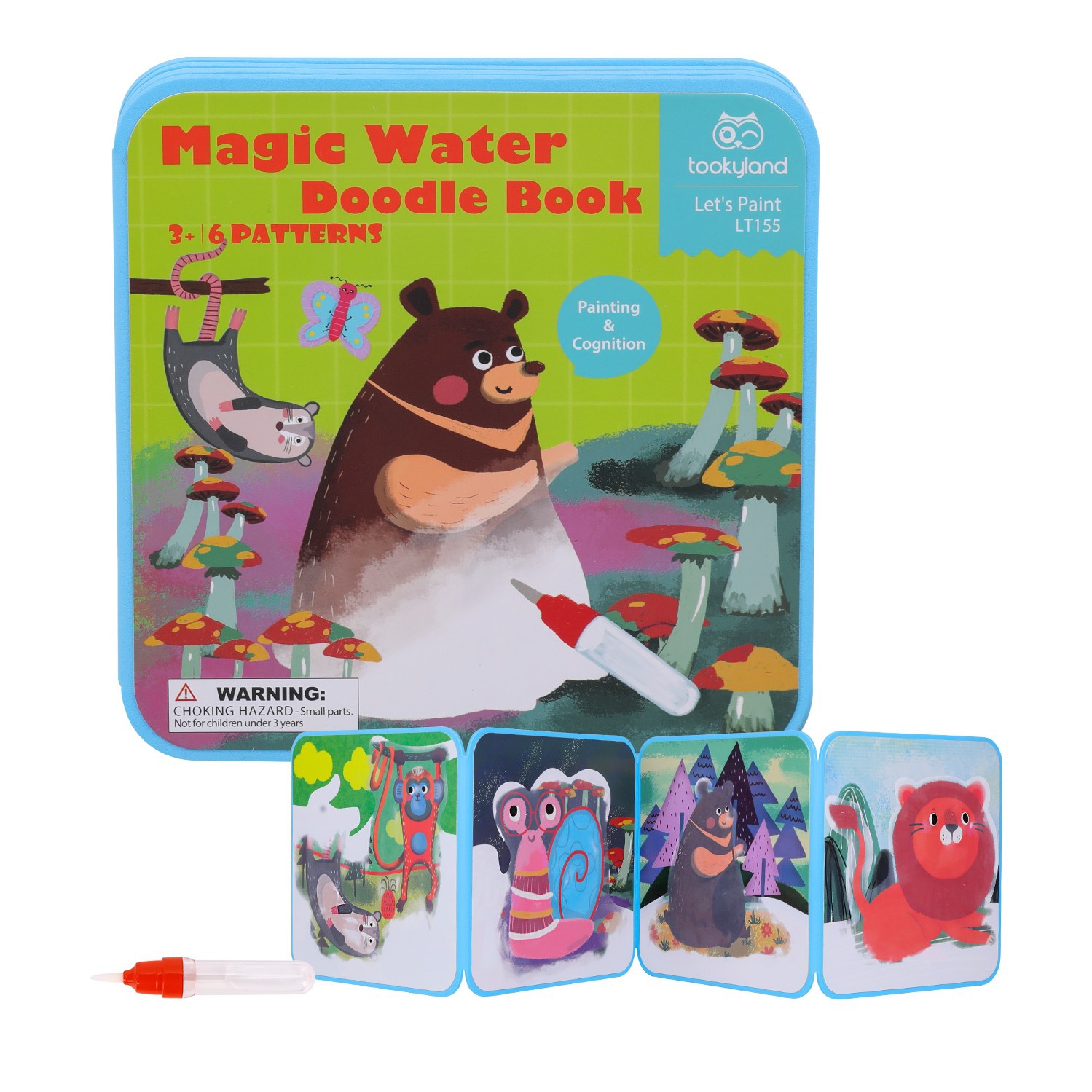 TOOKYLAND Magic Water Coloring Book - 6-Page Reusable Paint-with-Water Drawing Book with Water Pen, Arts & Crafts Gifts and Travel Toys for Kids and