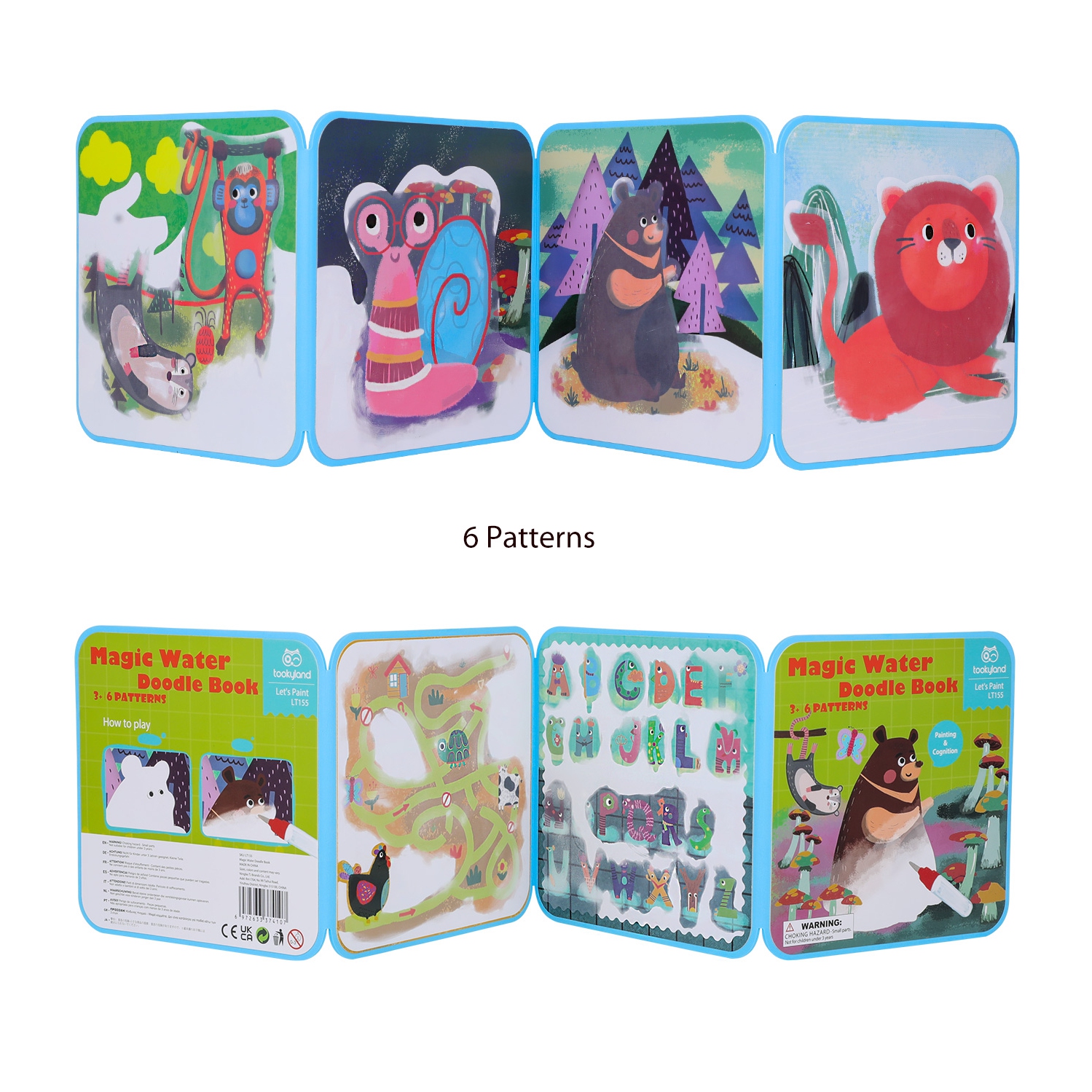 TOOKYLAND Magic Water Coloring Book - 6-Page Reusable Paint-with-Water Drawing Book with Water Pen, Arts & Crafts Gifts and Travel Toys for Kids and