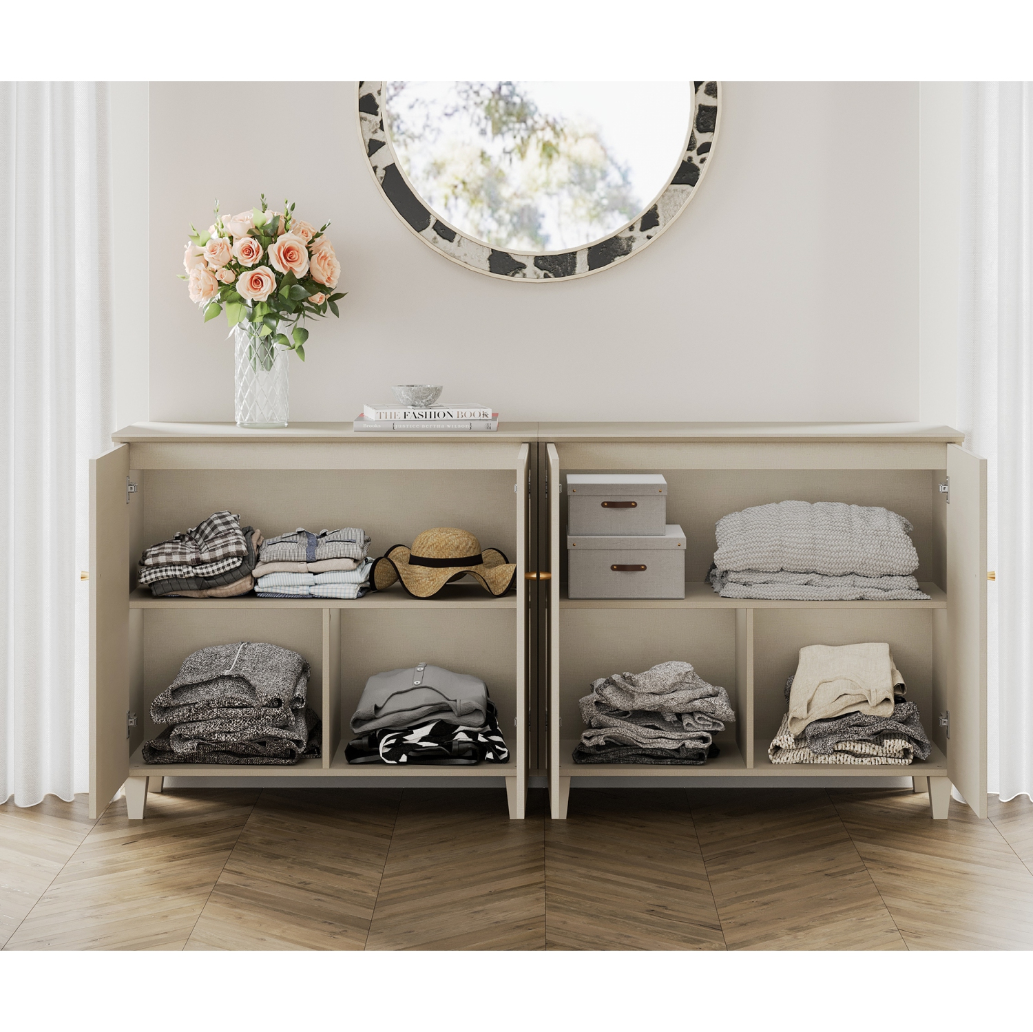 WAMPAT 2-in-1 Extra Storage Cabinets with Doors, Beige Wood Accent Cabinet Kitchen Sideboard Buffet Bar Table, Floor Cupboard with 6 Compartments for