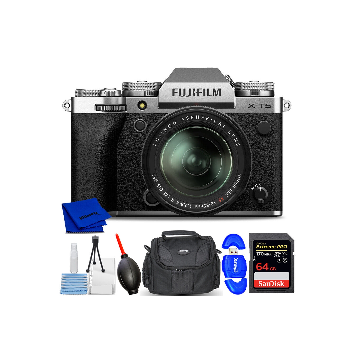FUJIFILM X-T5 Mirrorless Camera with 18-55mm Lens Silver - 7PC Accessory Bundle