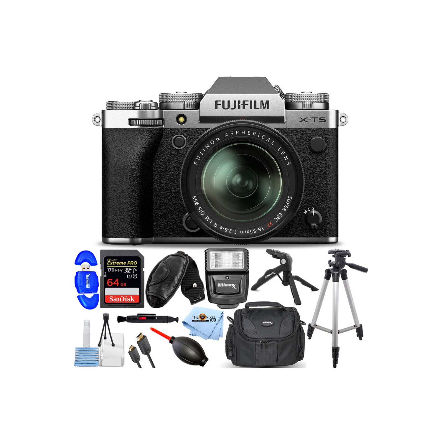 FUJIFILM X-T5 Mirrorless Camera with 18-55mm Lens Silver - 12PC Accessory Bundle