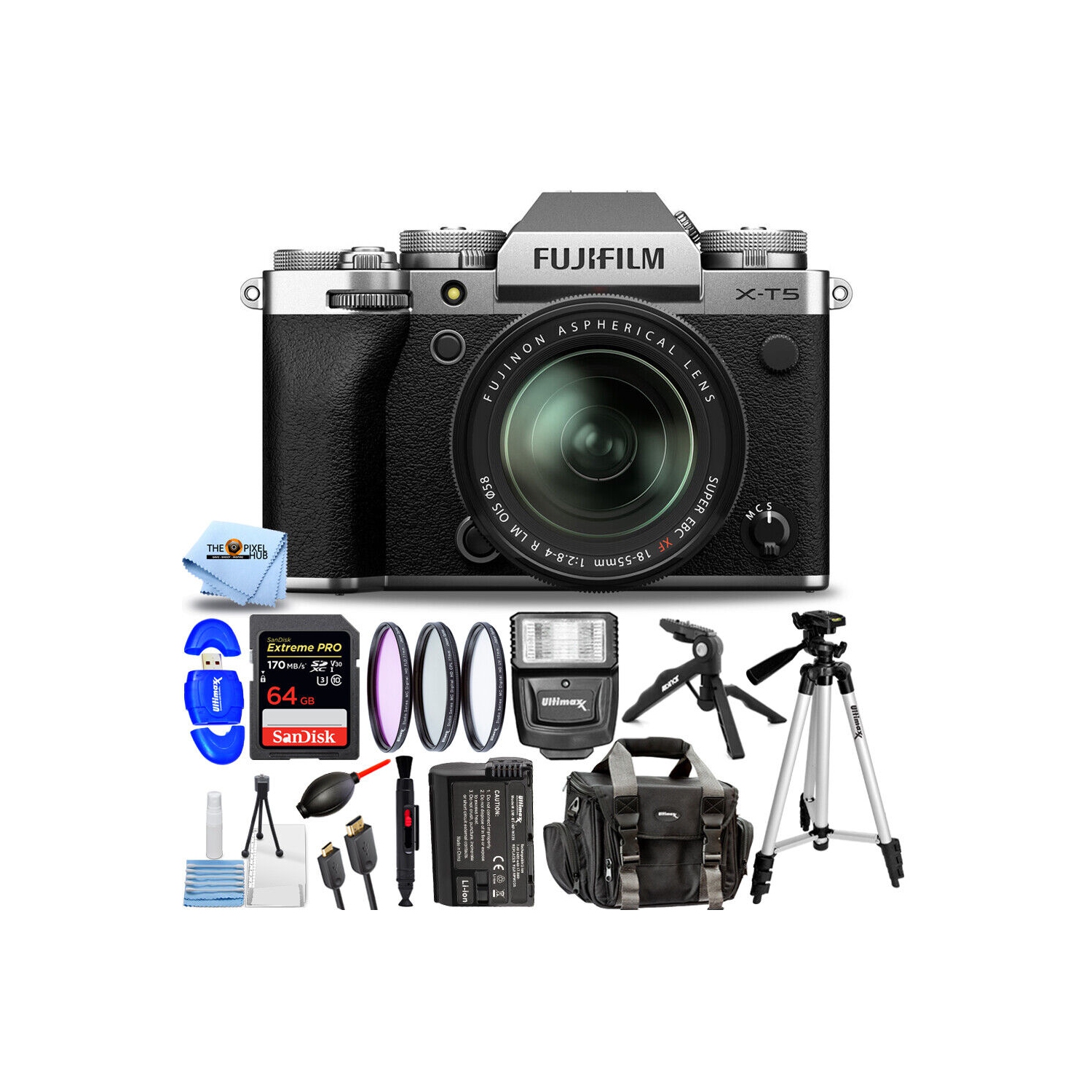 FUJIFILM X-T5 Mirrorless Camera with 18-55mm Lens Silver - 14PC Accessory Bundle