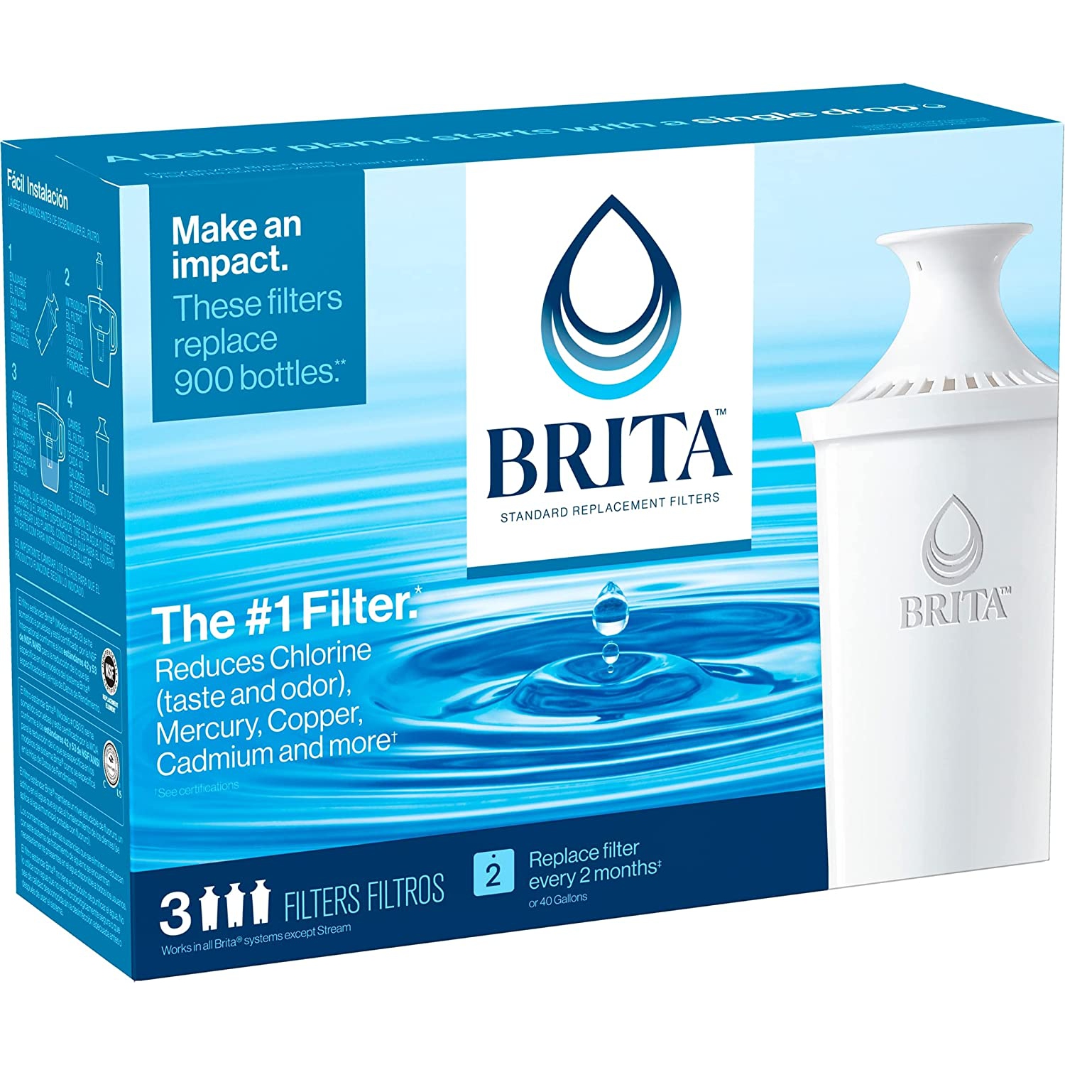 Filtre à eau standard Brita, filtres de rechange standard pour pichets et distributeurs, sans BPA, 3 unités