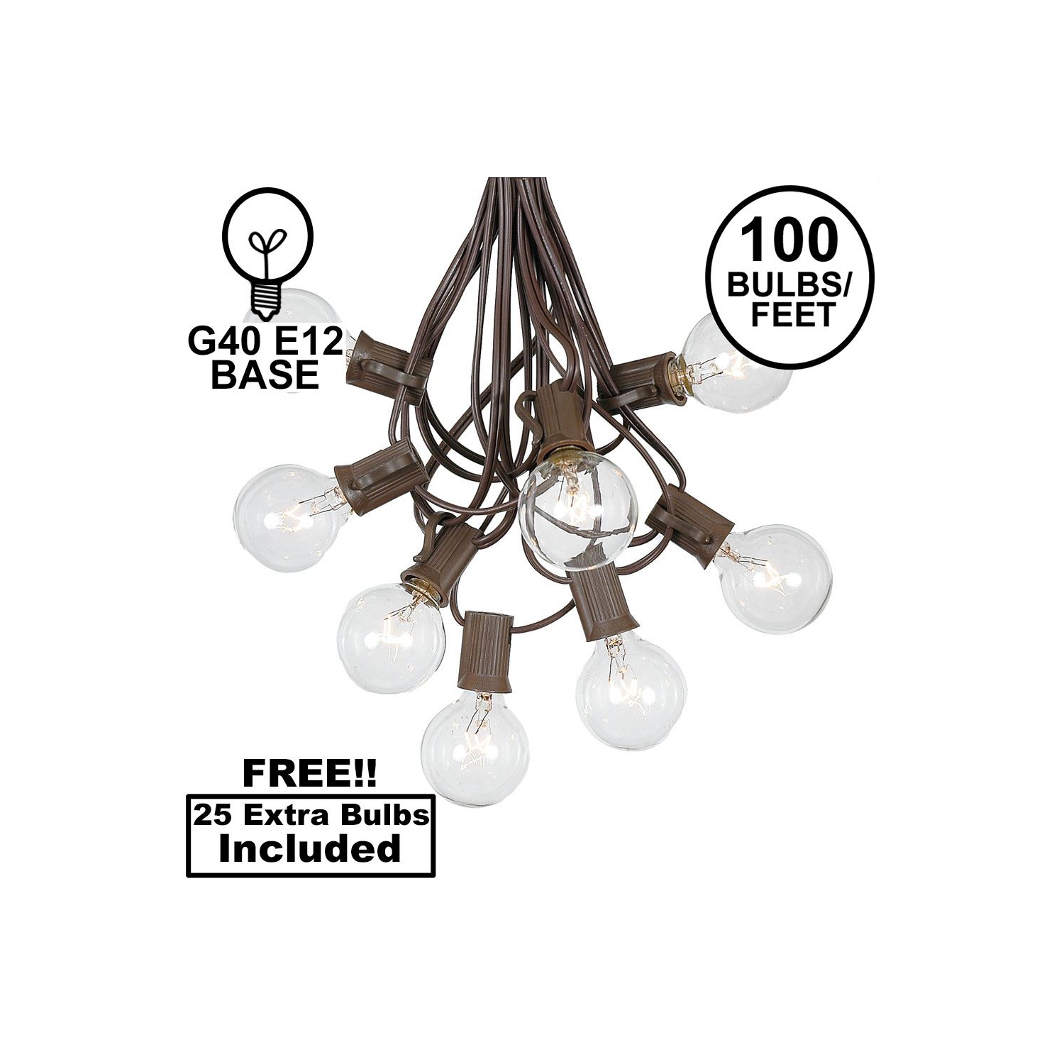 100 Foot G40 Outdoor Patio String Lights with 125 Clear Globe Bulbs – Indoor Outdoor String Lights – Market Bistro Café Hanging String Lights –