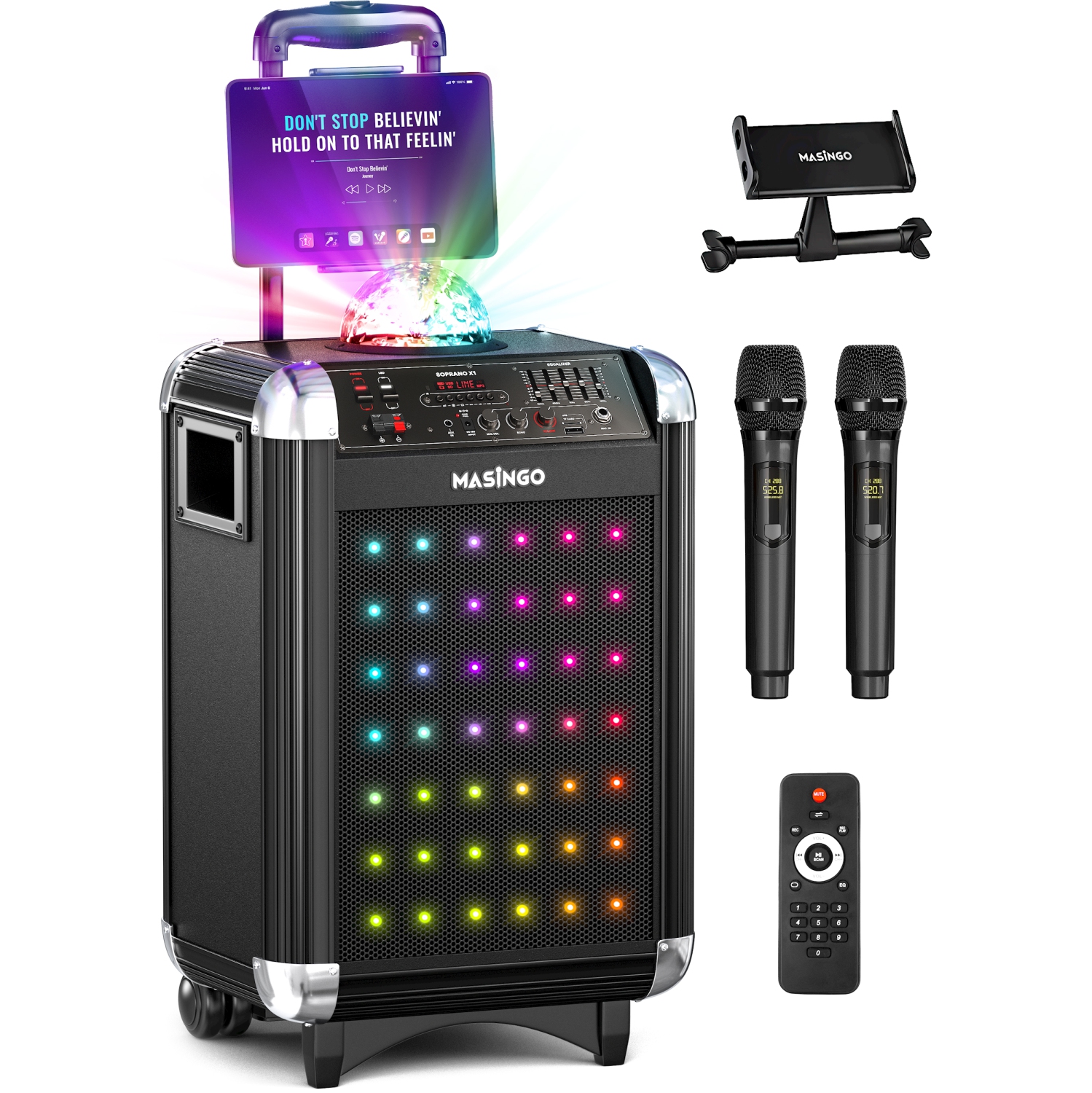 MASINGO Karaoke Machine for Adults & Kids with 2 Wireless Microphones - Portable PA Speaker System w/Two Bluetooth Mics, Party Lights, Lyrics Display Holder & TV Cable - Soprano X1