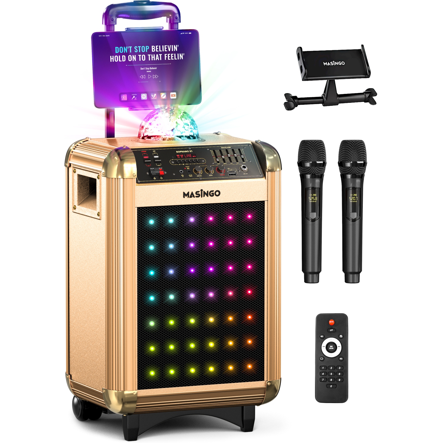 MASINGO Karaoke Machine for Adults & Kids with 2 Wireless Microphones - Portable PA Speaker System w/Two Bluetooth Mics, Party Lights, Lyrics Display Holder & TV Cable - Soprano X1