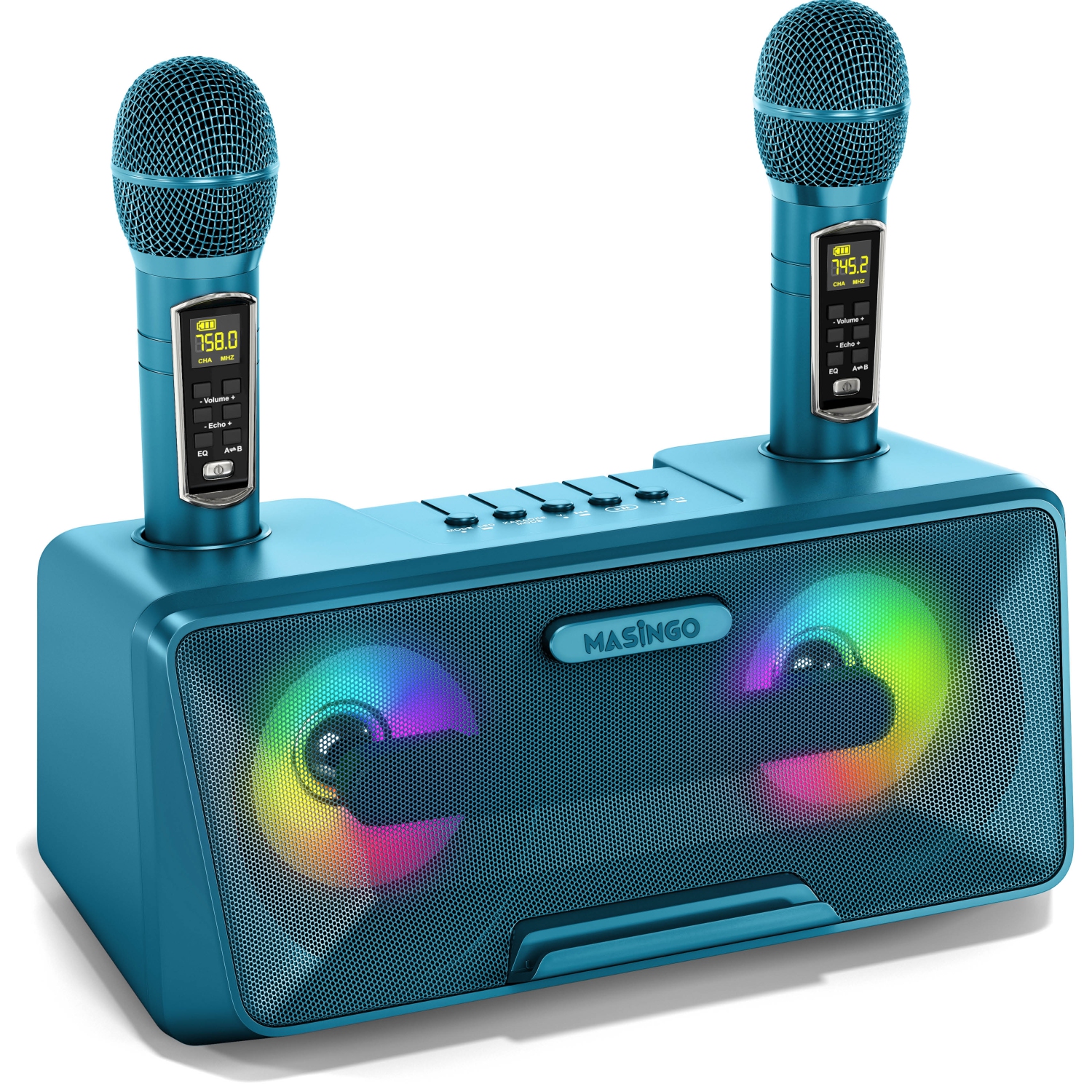 MASINGO Karaoke Machine for Adults and Kids with 2 Wireless Microphones, Portable Bluetooth Speaker, Colorful LED Lights, PA System, Lyrics Display Holder & TV Cable - Presto G2