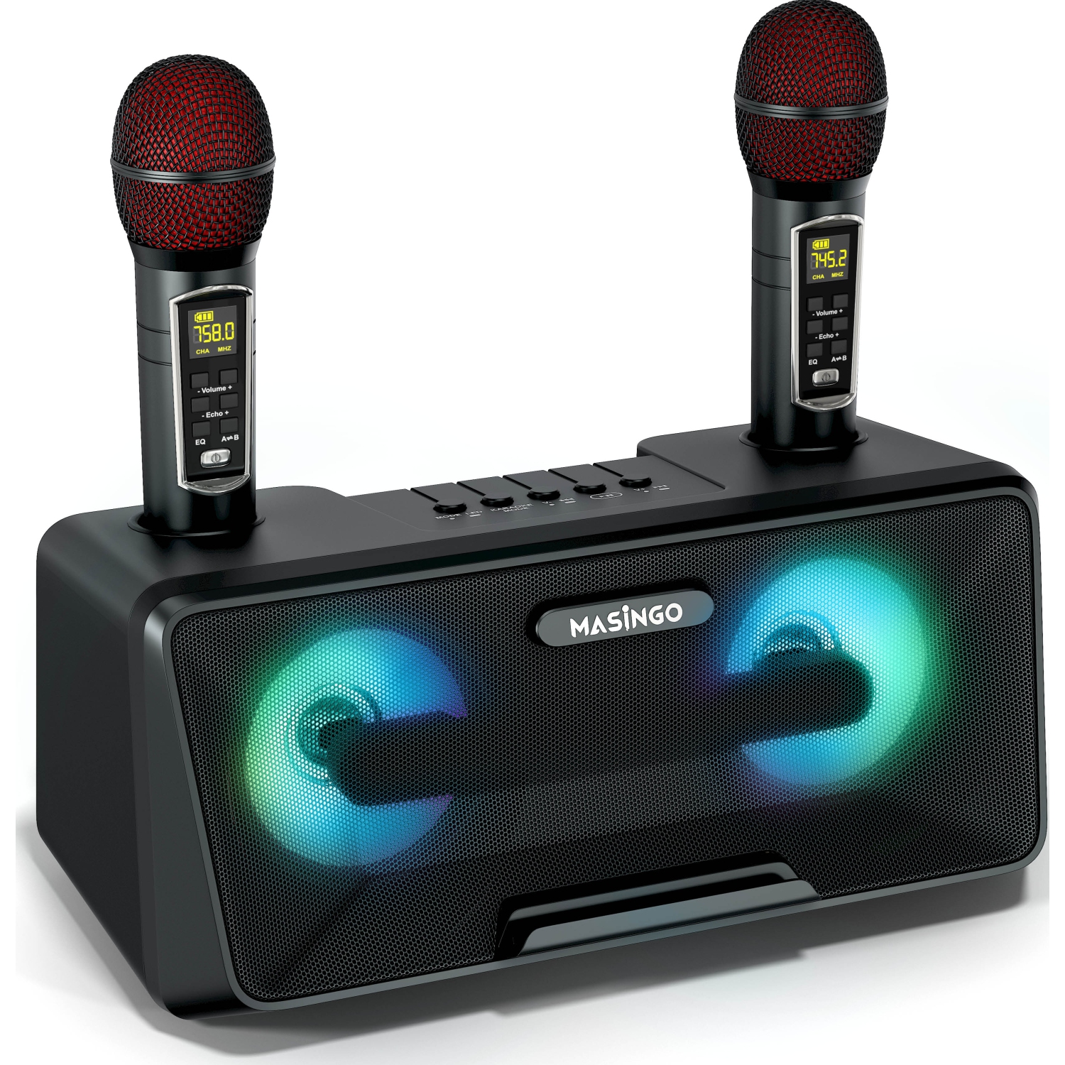 MASINGO Karaoke Machine for Adults and Kids with 2 Wireless Microphones, Portable Bluetooth Speaker, Colorful LED Lights, PA System, Lyrics Display Holder & TV Cable - Presto G2