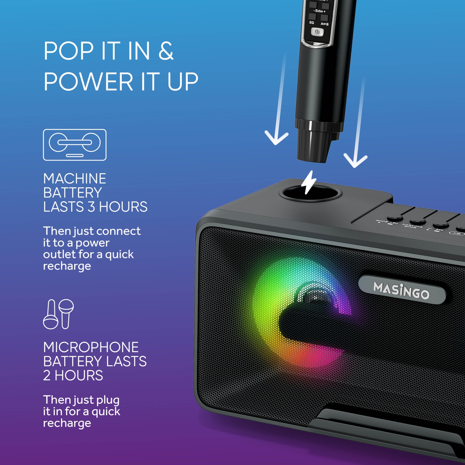 Machine à karaoké MASINGO pour adultes et enfants avec 2 micro sans fil,  haut-parleur Bluetooth portatif, voyants DEL colorés, système de  sonorisation, support d'affichage et câble de téléviseur