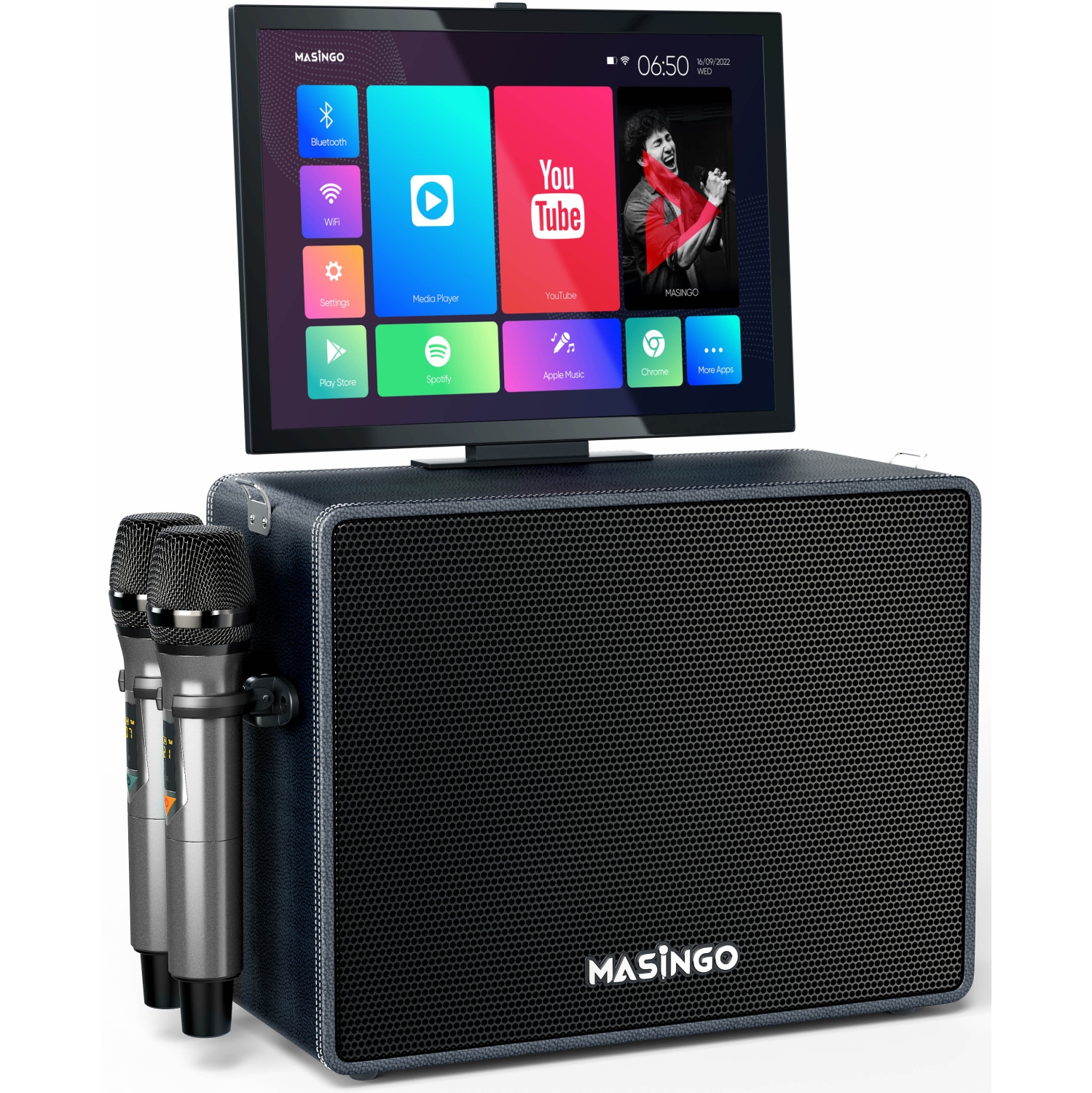 MASINGO 2023 Professional Karaoke Machine with Lyrics Display Screen + 2 Wireless Microphones - Bluetooth Portable PA Speaker System with Built-in 15" Tablet & WiFi - Alto X6