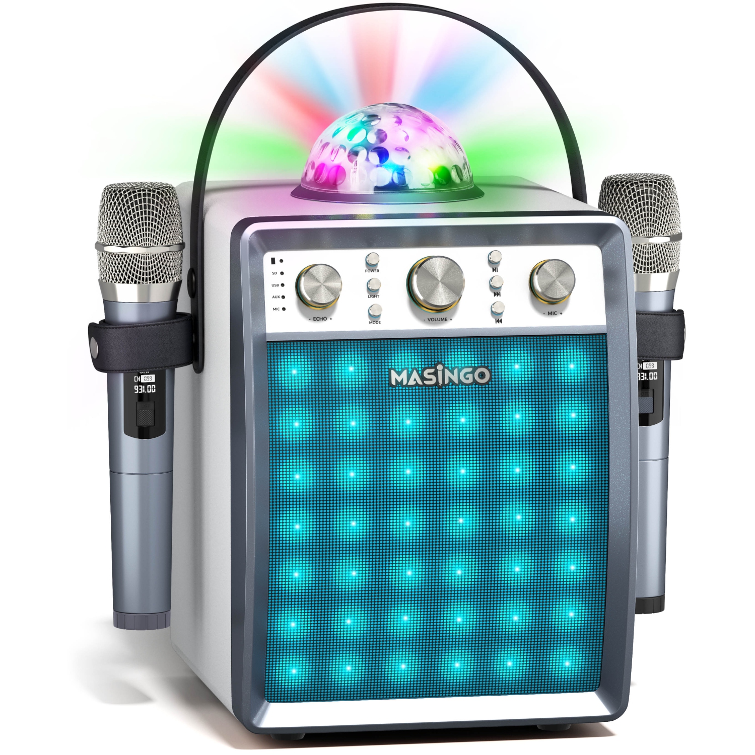 MASINGO 2023 Karaoke Machine for Adults & Kids with 2 Wireless Microphones - Portable PA Speaker System Set w/Two Bluetooth Mics, Disco Ball Party Lights & TV Cable - Ostinato M7