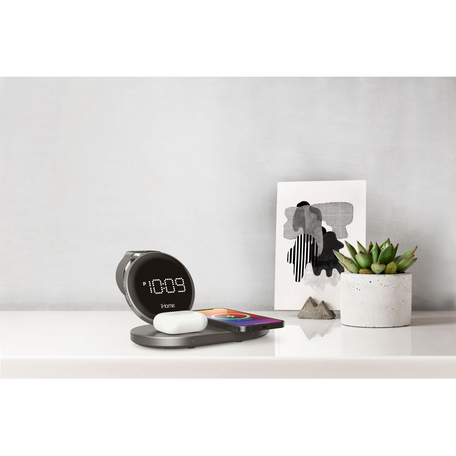 iHome Powervalet Quad Compact Alarm Clock with Qi Wireless Fast Charging - Black/Gunmetal
