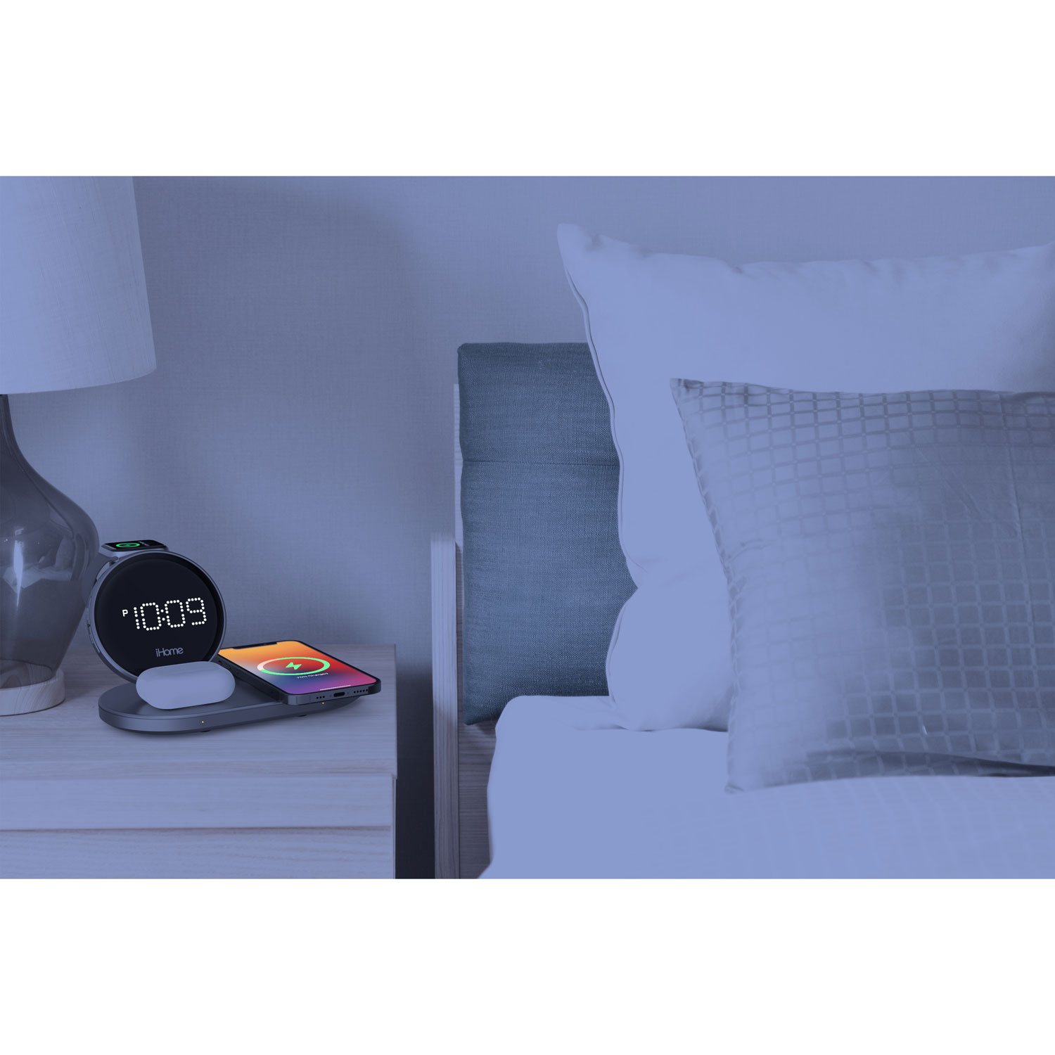 iHome Powervalet Quad Compact Alarm Clock with Qi Wireless Fast Charging - Black/Gunmetal