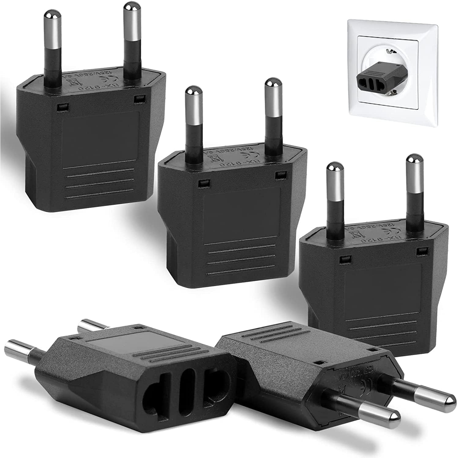 6 Pack of European Travel Plug Adapter US CA to Europe Plug Adapter Outlet Converter US / CA to Most of Europe EU Spain Germany France Italy Israel