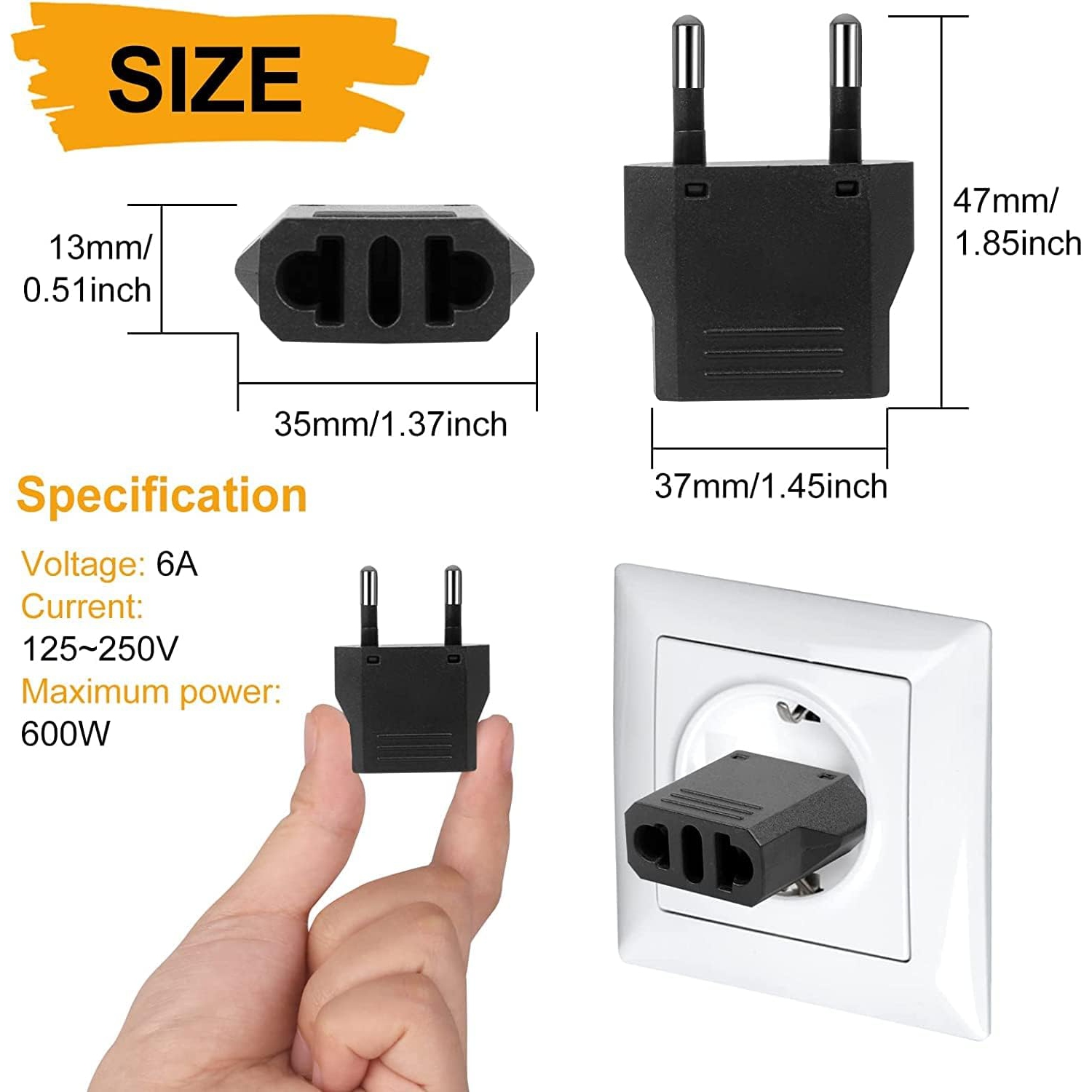 6 Pack of European Travel Plug Adapter US CA to Europe Plug Adapter Outlet Converter US / CA to Most of Europe EU Spain Germany France Italy Israel