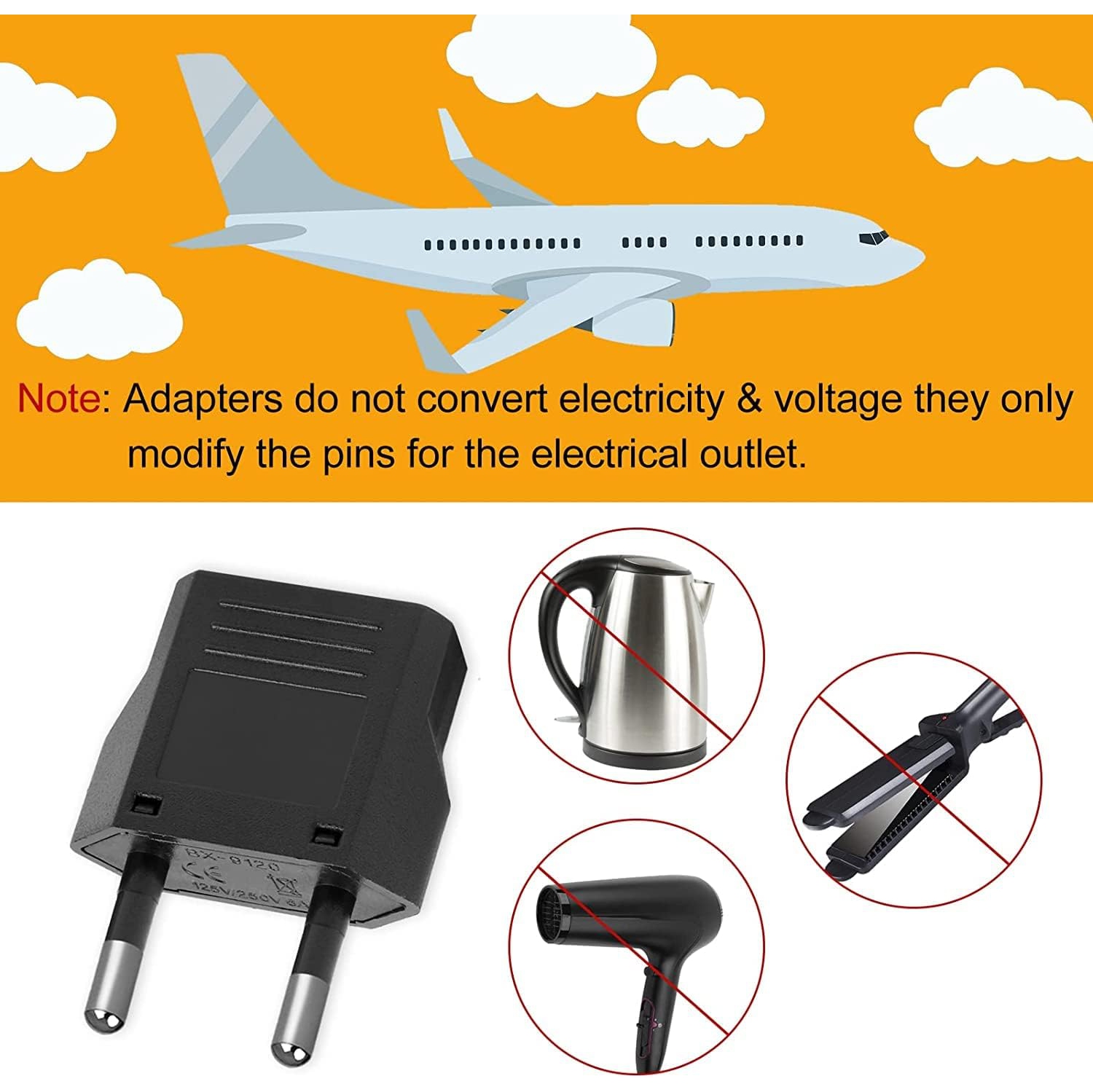 6 Pack of European Travel Plug Adapter US CA to Europe Plug Adapter Outlet Converter US / CA to Most of Europe EU Spain Germany France Italy Israel